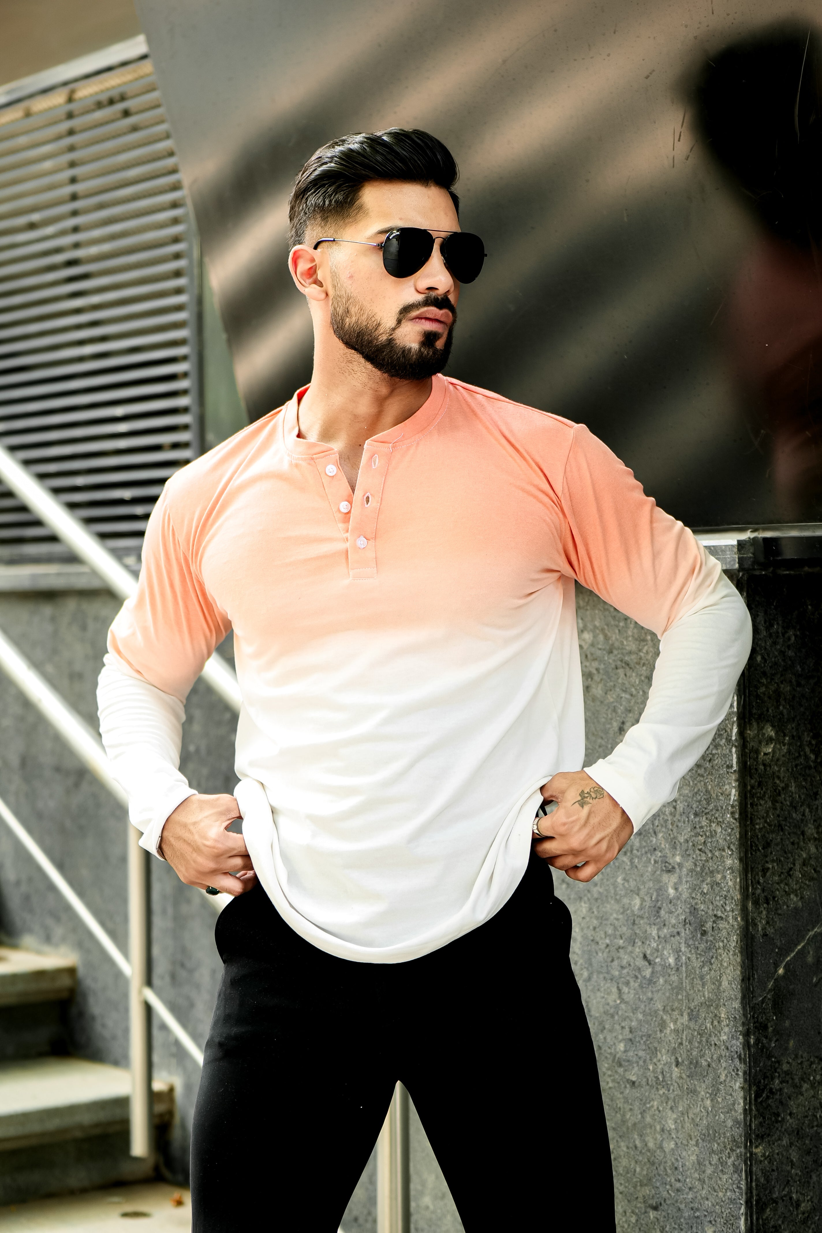 Coral Ombre Dyed Henley T-Shirt