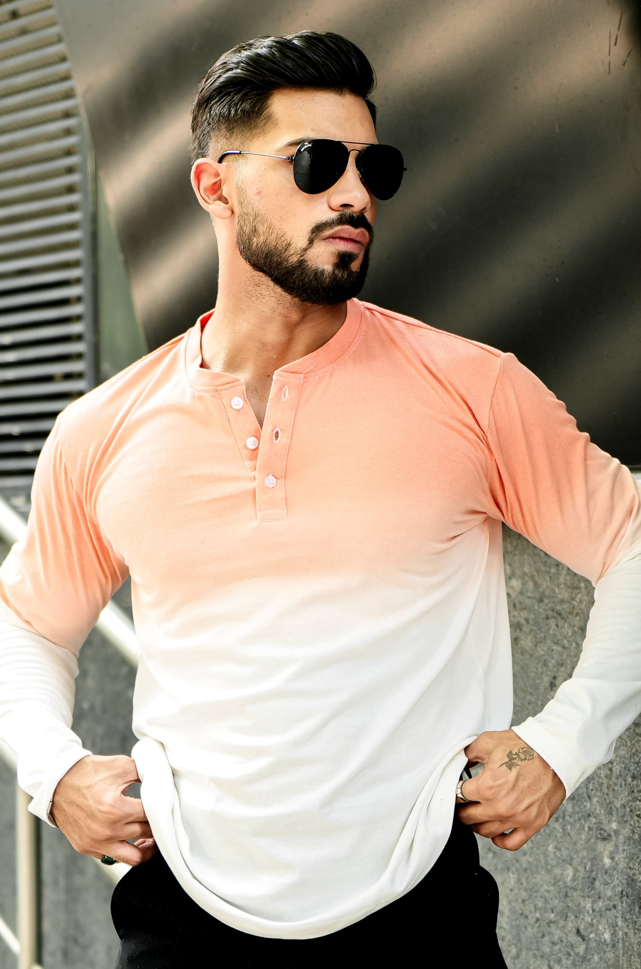 Coral Ombre Dyed Henley T-Shirt