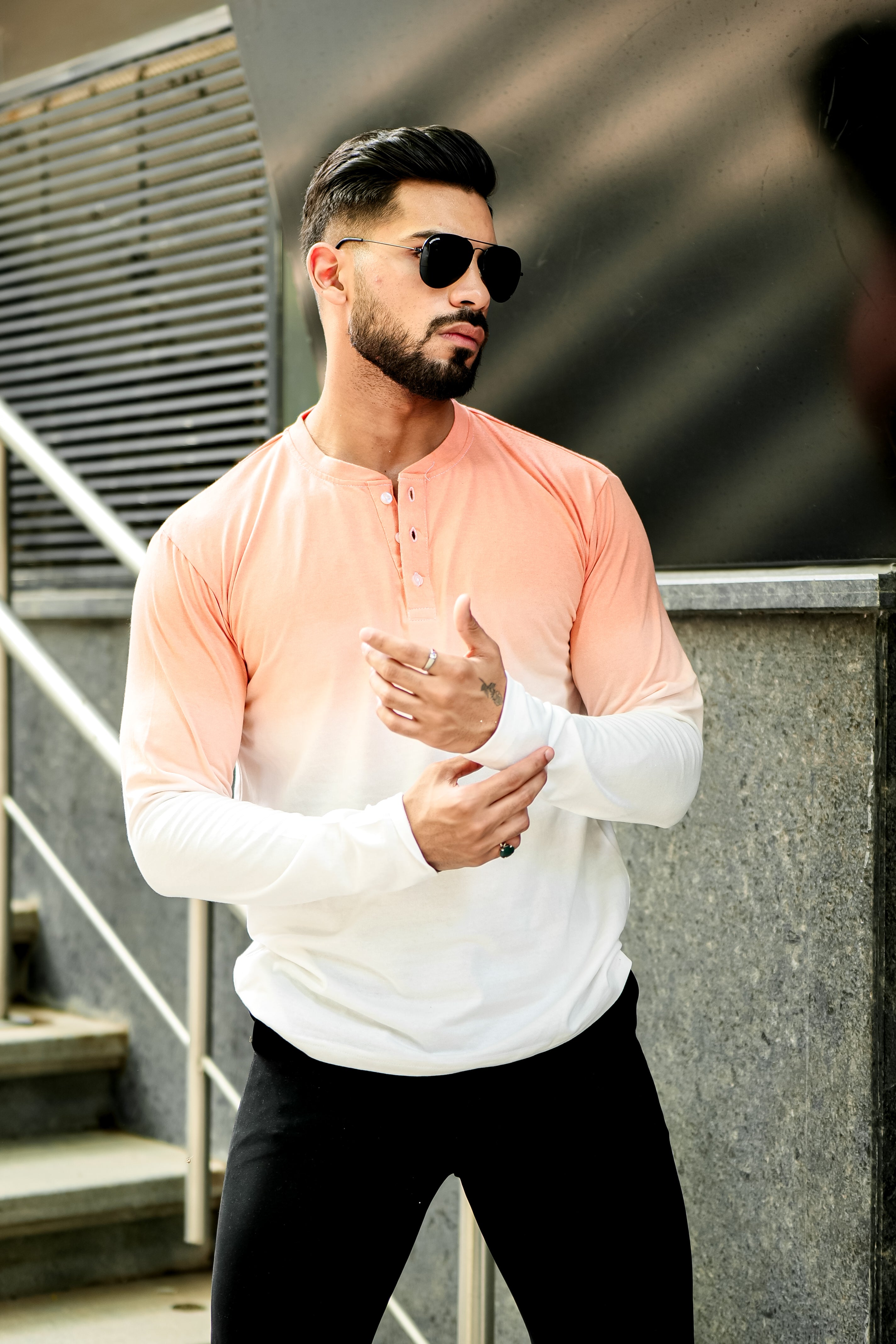 Coral Ombre Dyed Henley T-Shirt