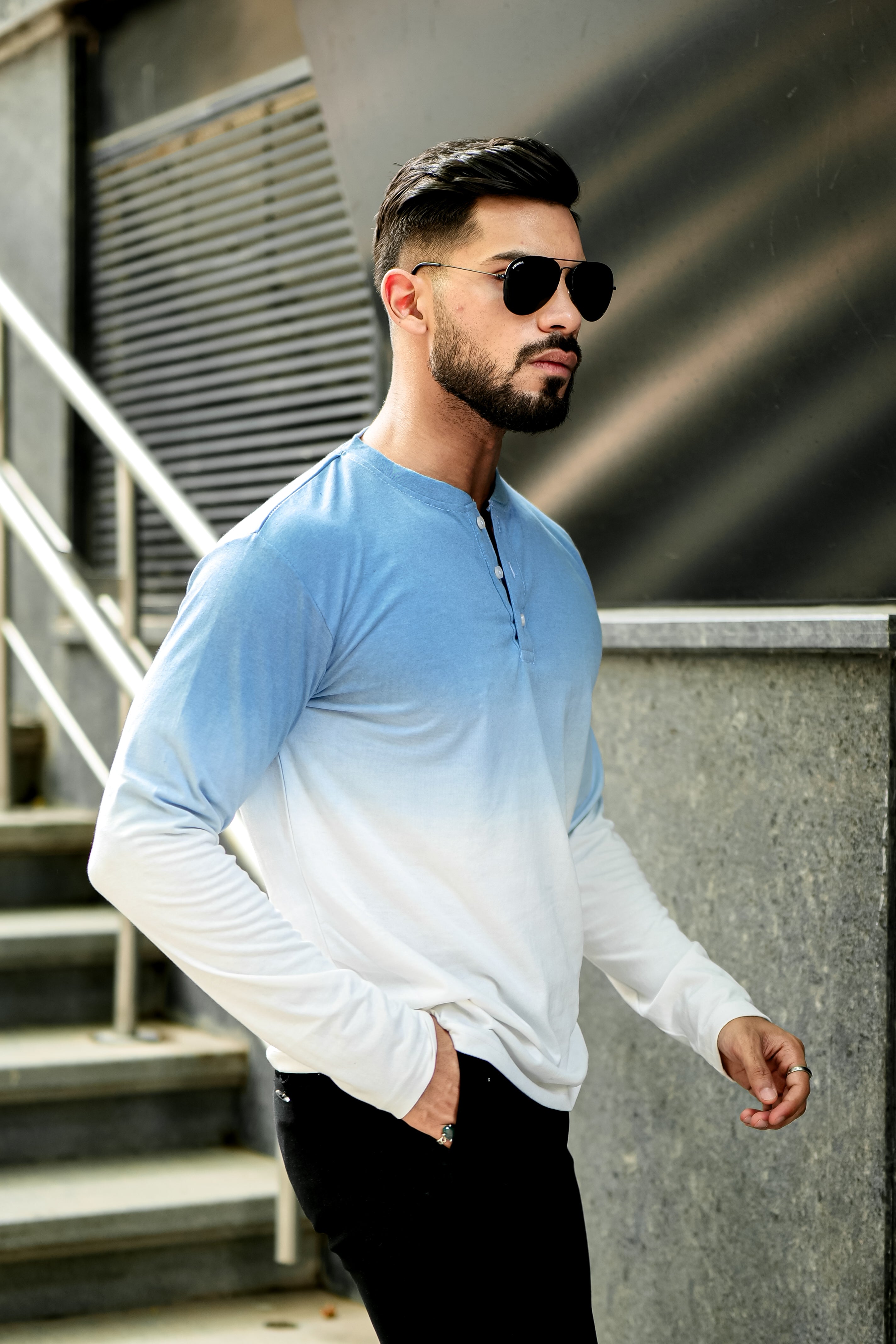 Ombre Blue Dyed Henley Neck T-Shirt
