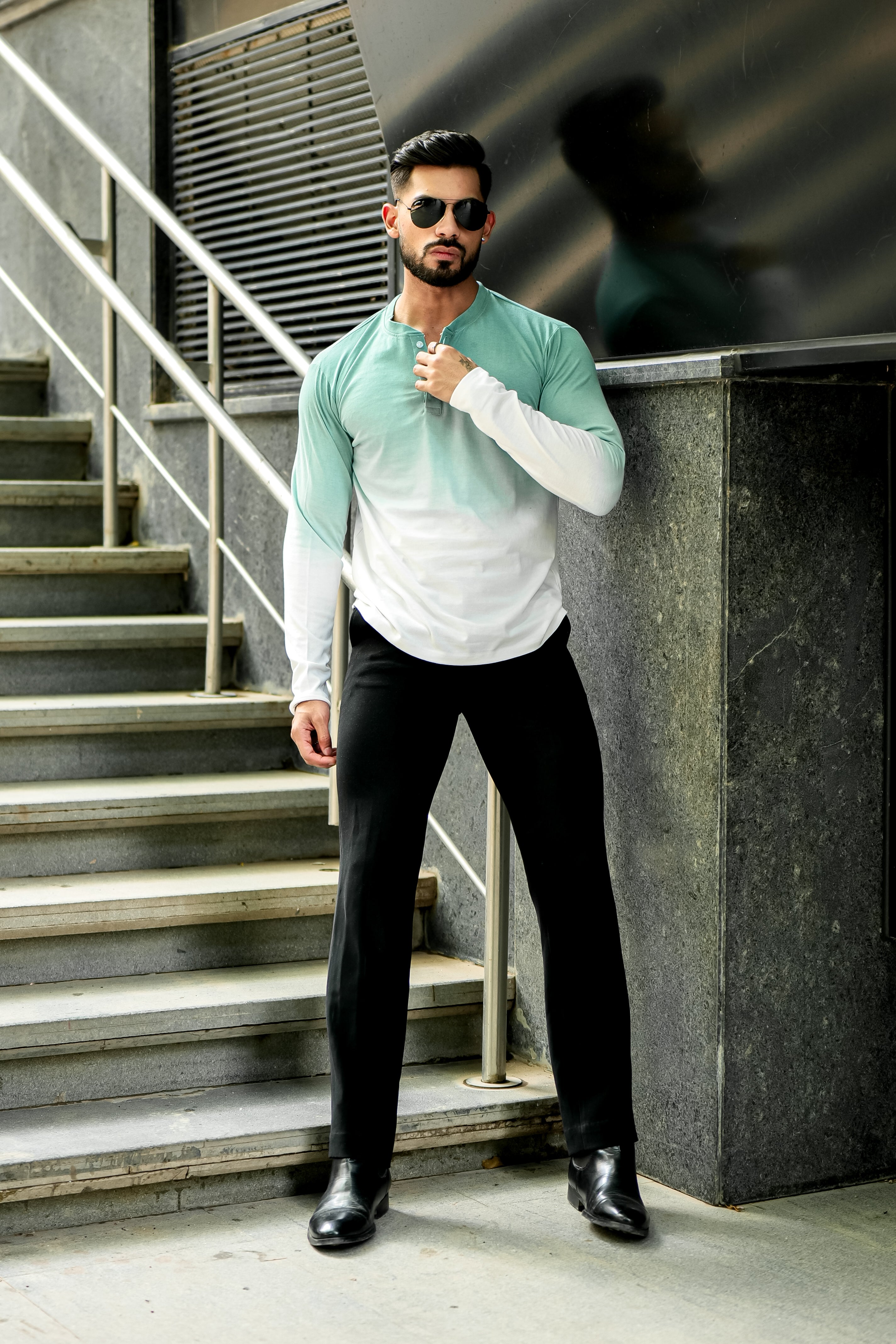 Green and White Ombre Dyed Henley T-Shirt