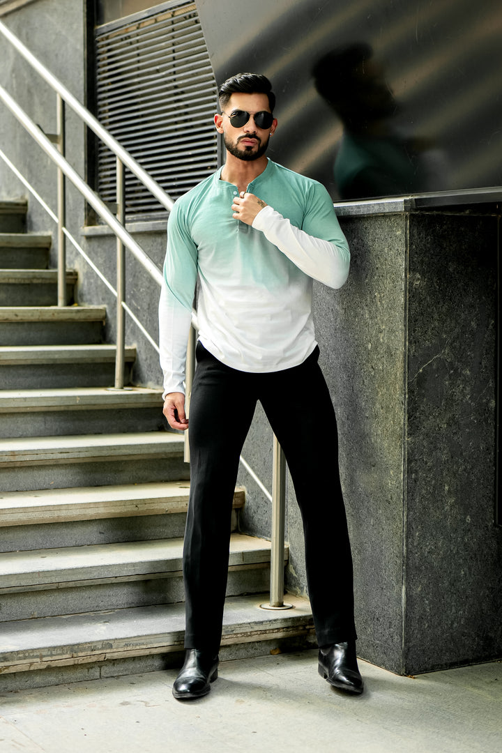 Green and White Ombre Dyed Henley T-Shirt