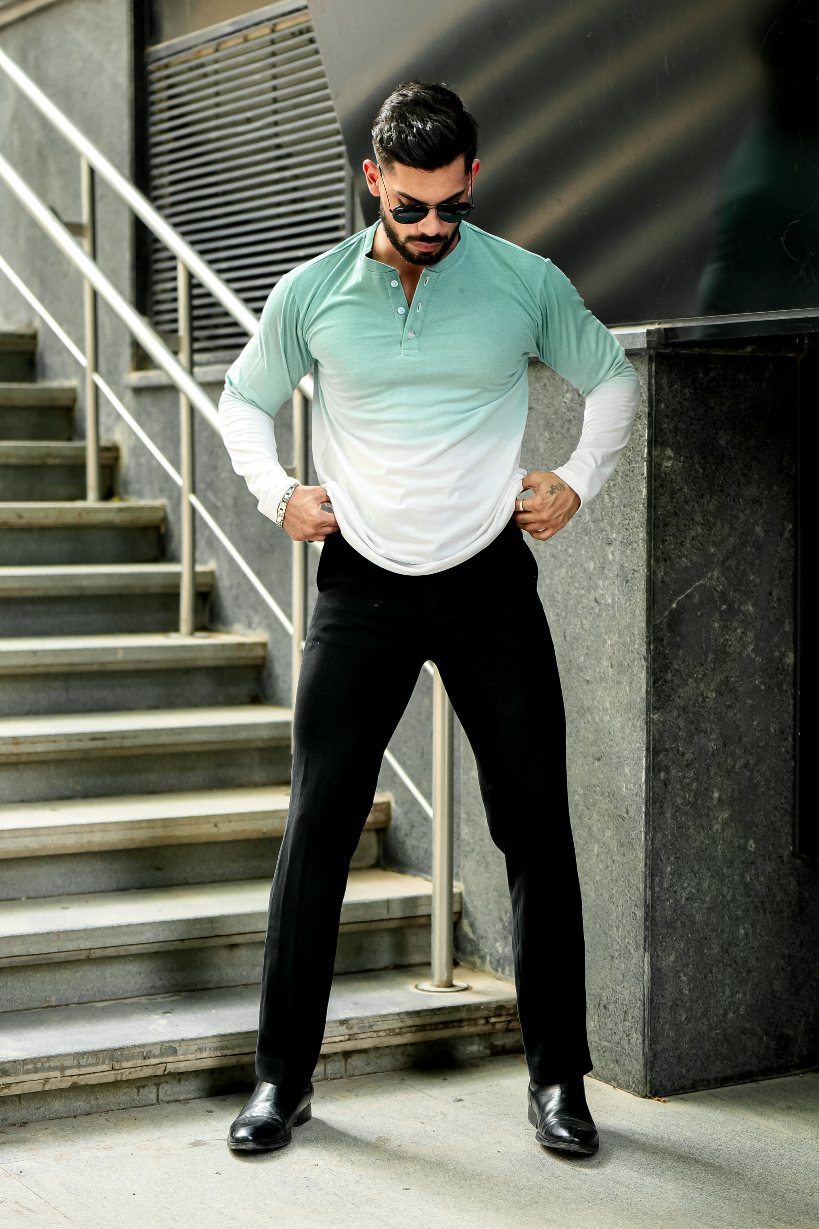 Green and White Ombre Dyed Henley T-Shirt