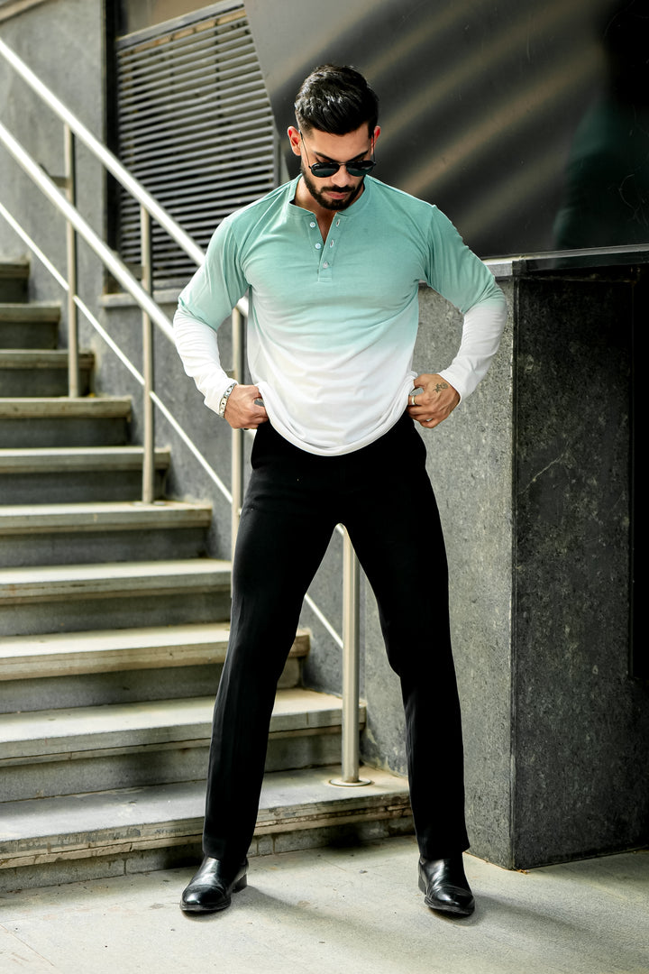 Green and White Ombre Dyed Henley T-Shirt