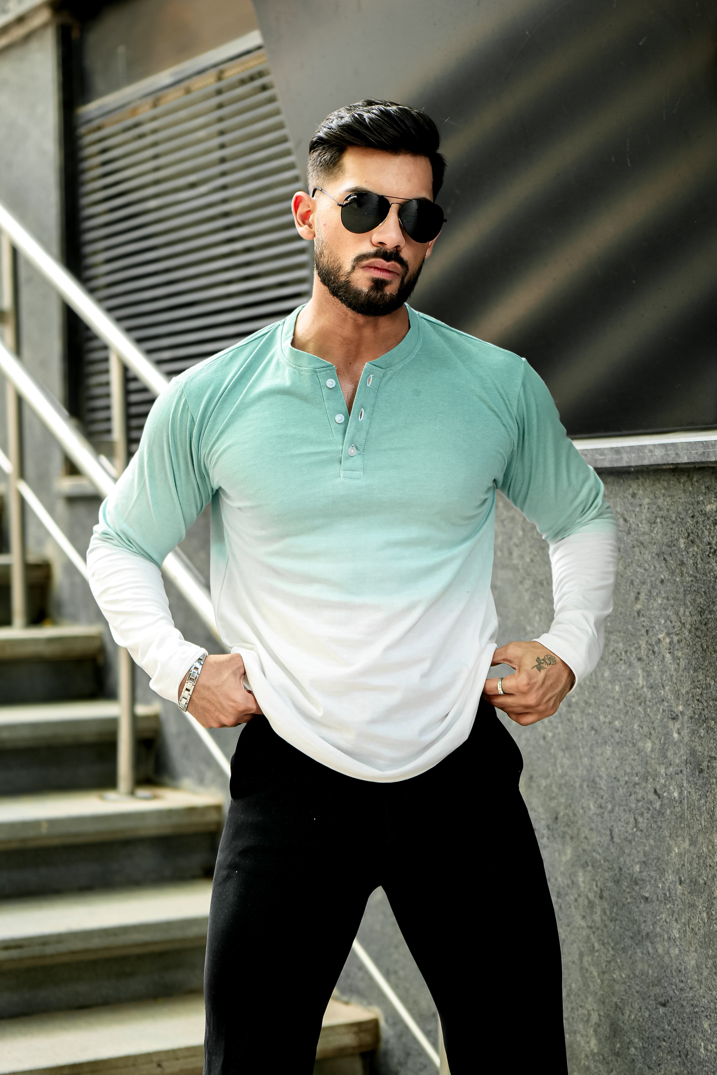 Green and White Ombre Dyed Henley T-Shirt