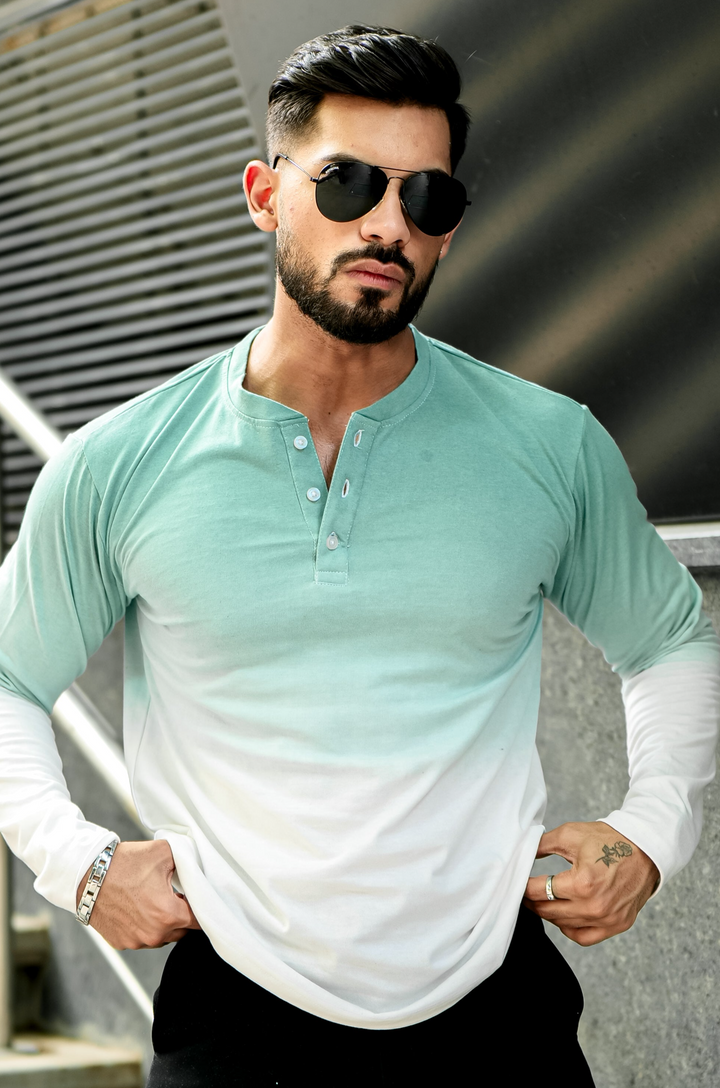 Green and White Ombre Dyed Henley T-Shirt