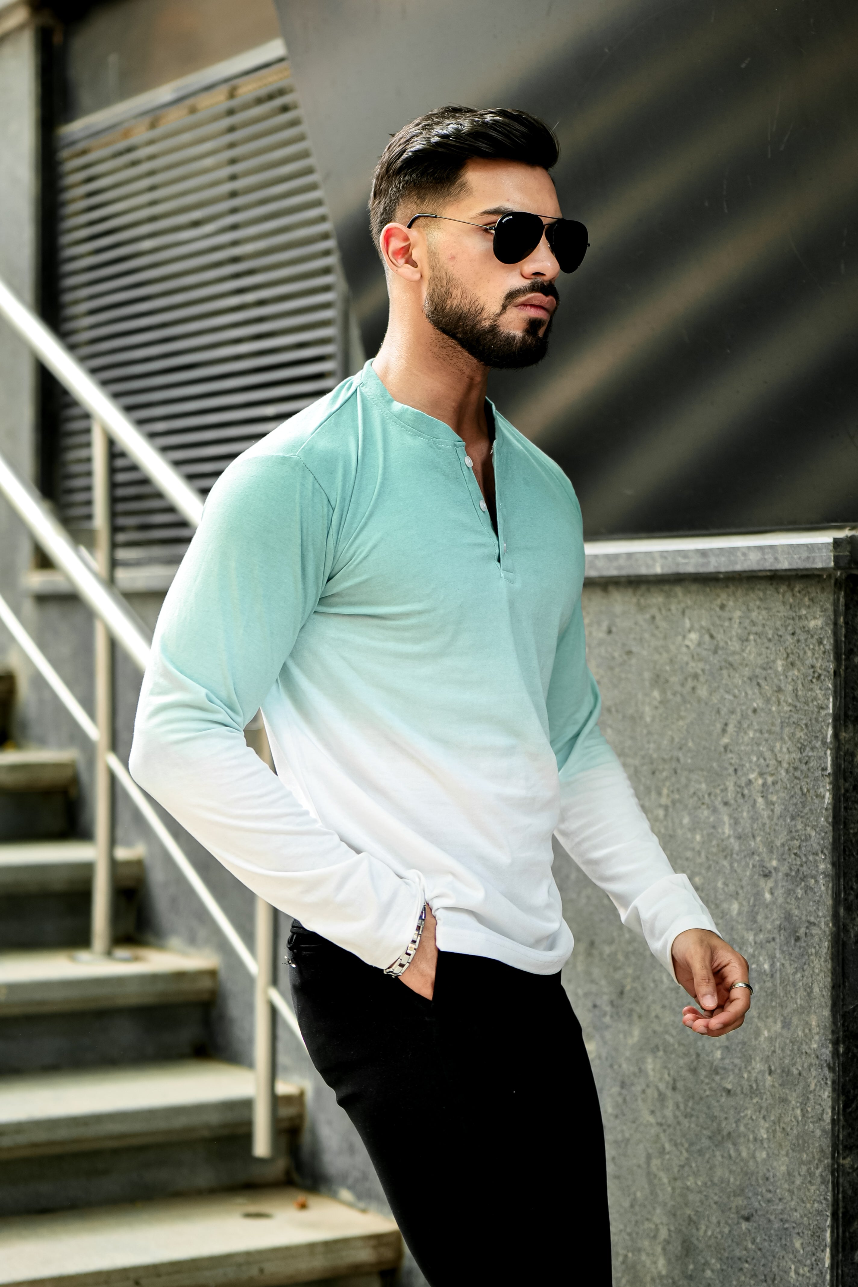 Green and White Ombre Dyed Henley T-Shirt