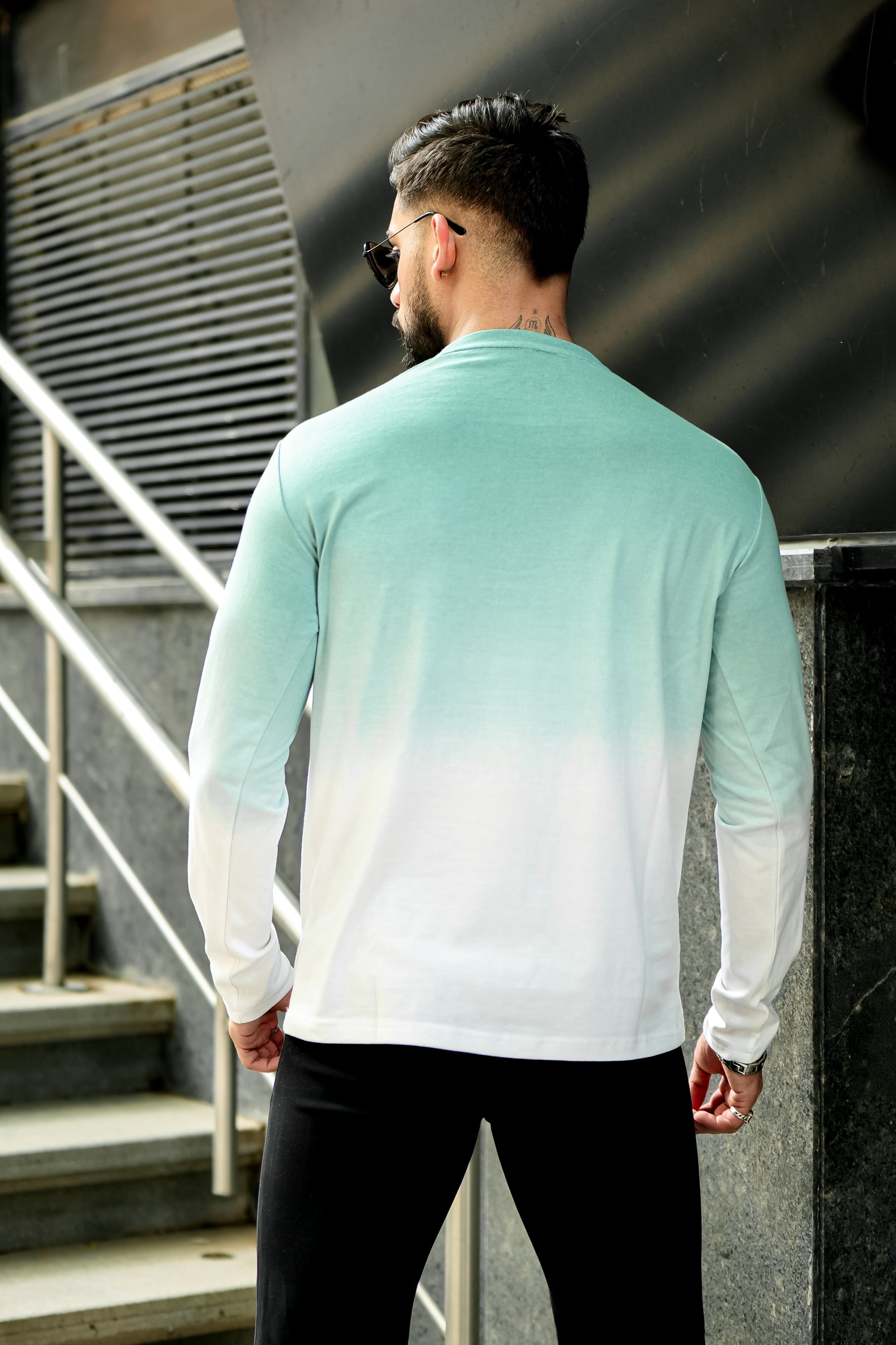 Green and White Ombre Dyed Henley T-Shirt