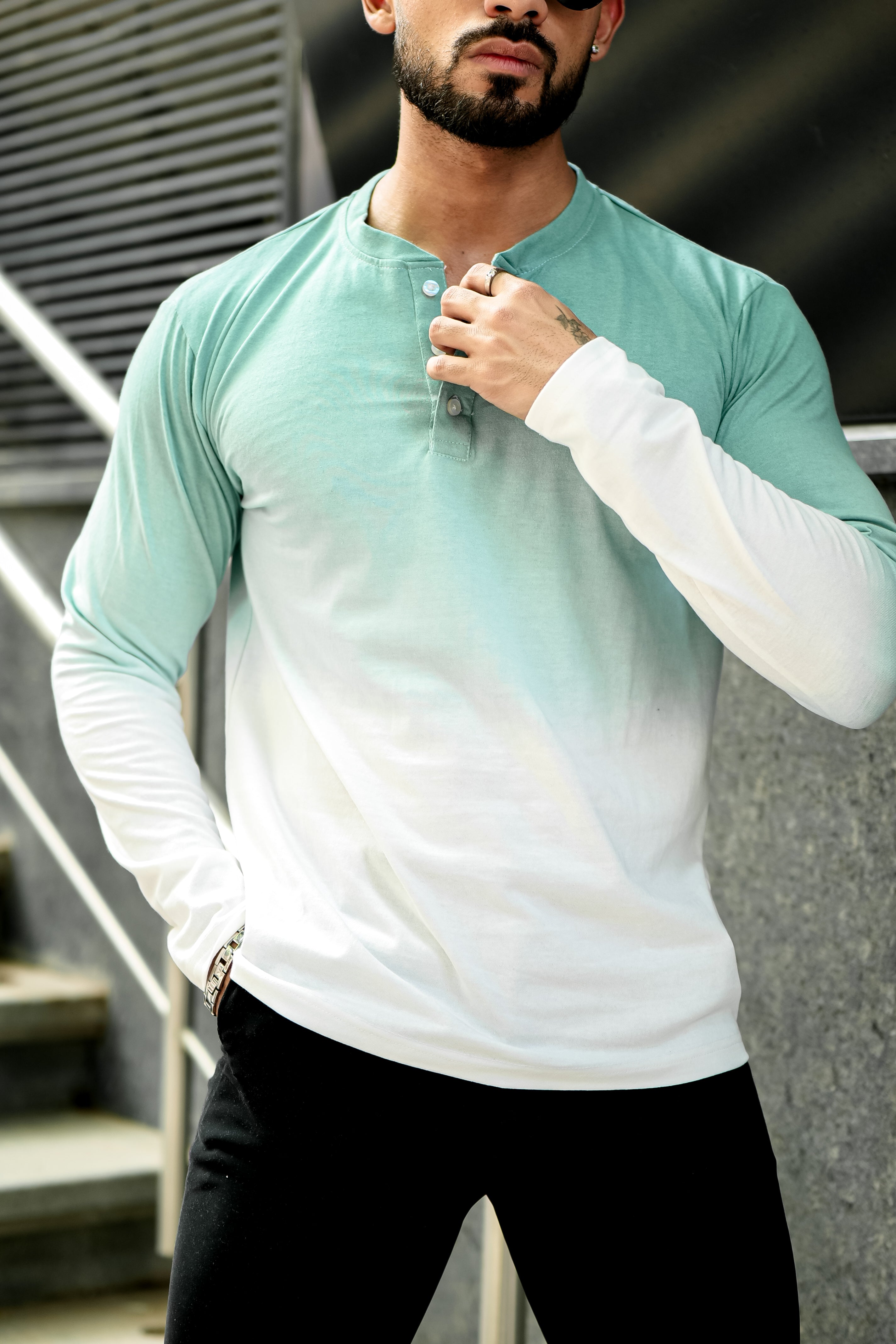 Green and White Ombre Dyed Henley T-Shirt