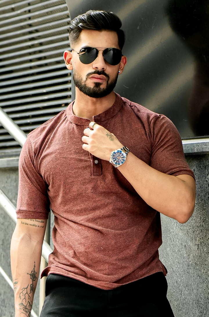 Brown Melange Henley T-Shirt
