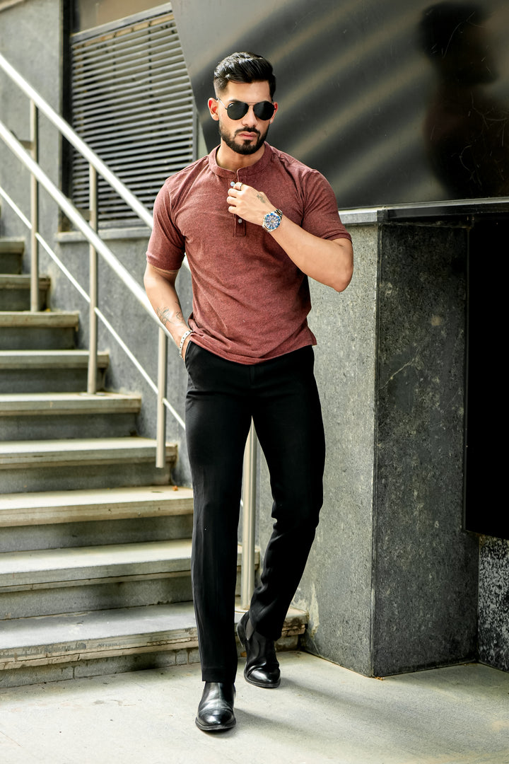 Brown Melange Henley T-Shirt