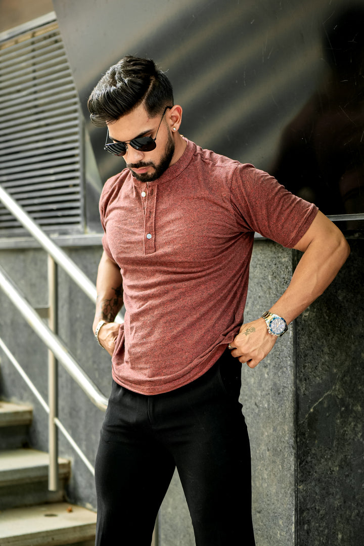 Brown Melange Henley T-Shirt