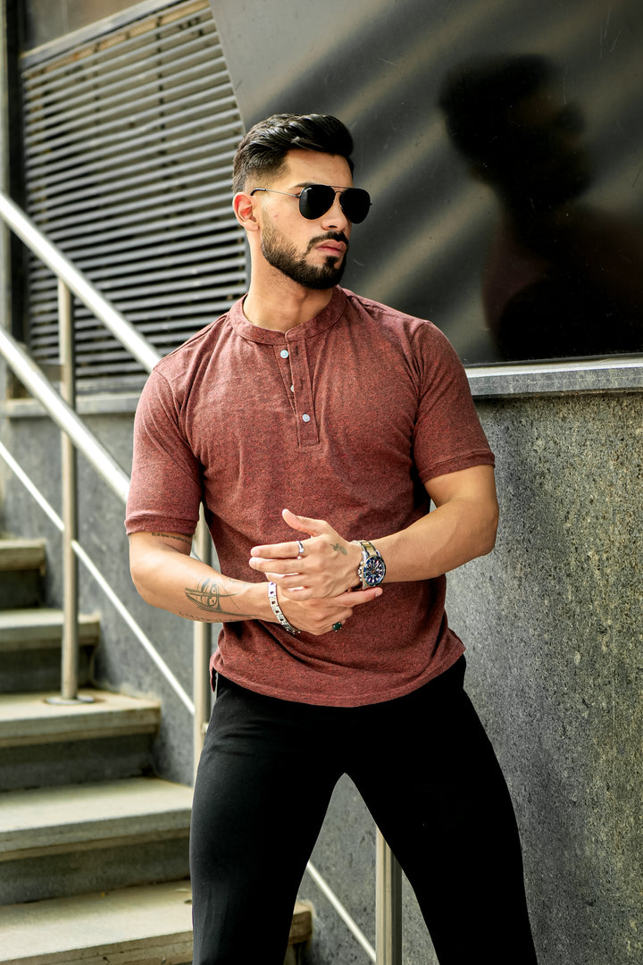 Brown Melange Henley T-Shirt