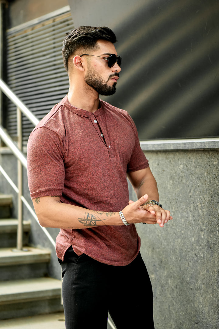 Brown Melange Henley T-Shirt