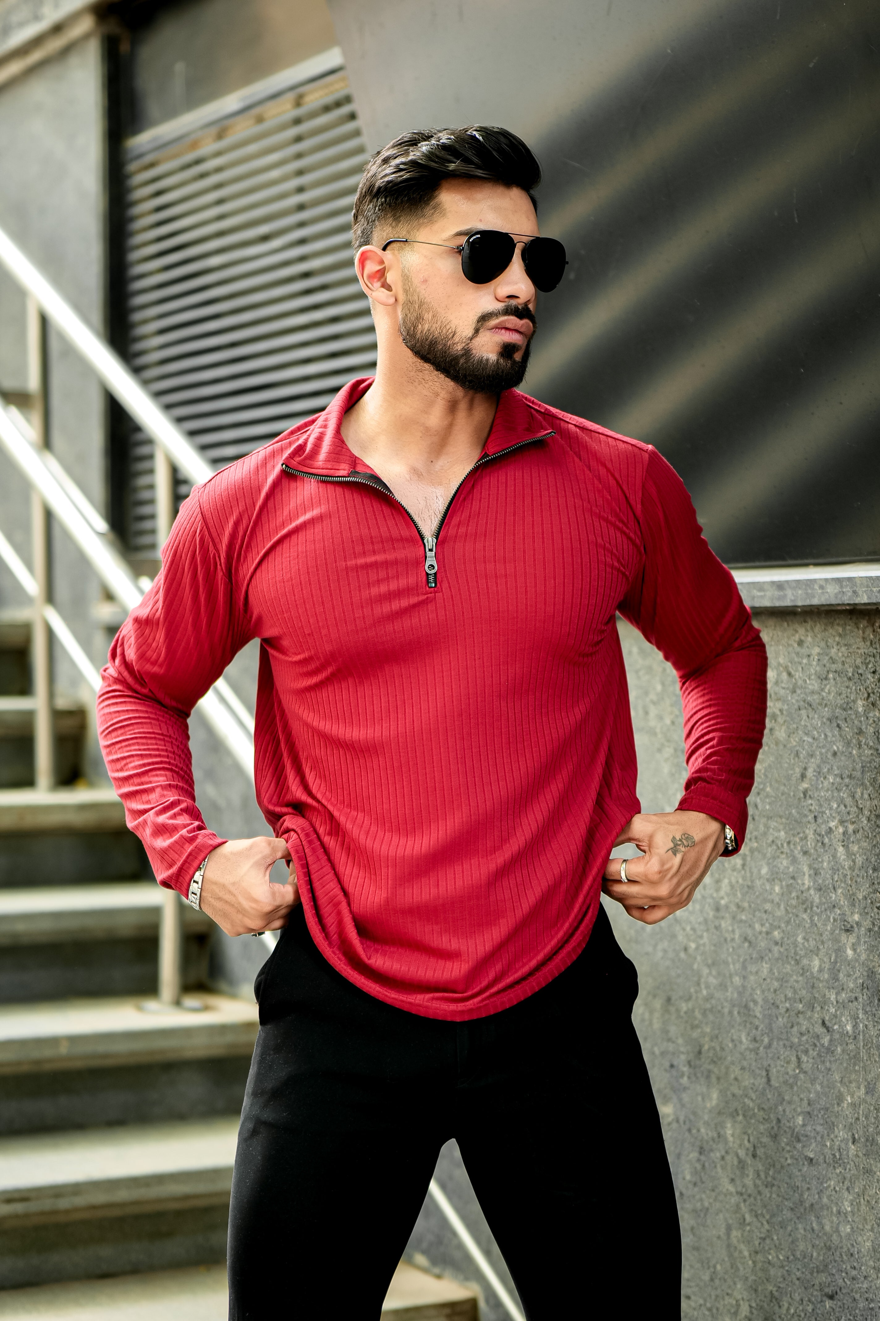 Maroon Self Design Drop Needle T-Shirt