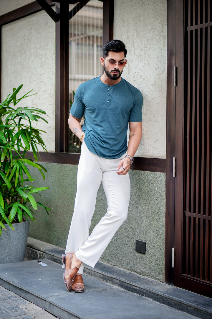 Green Slub Henley Self Design T-Shirt