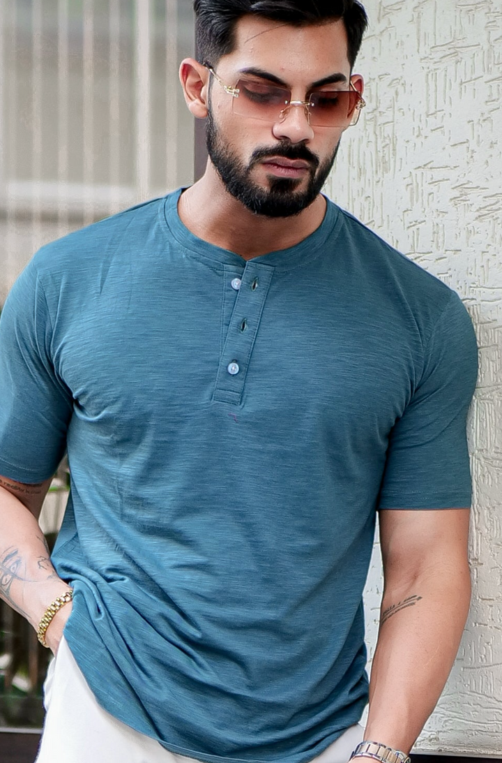Green Slub Henley Self Design T-Shirt