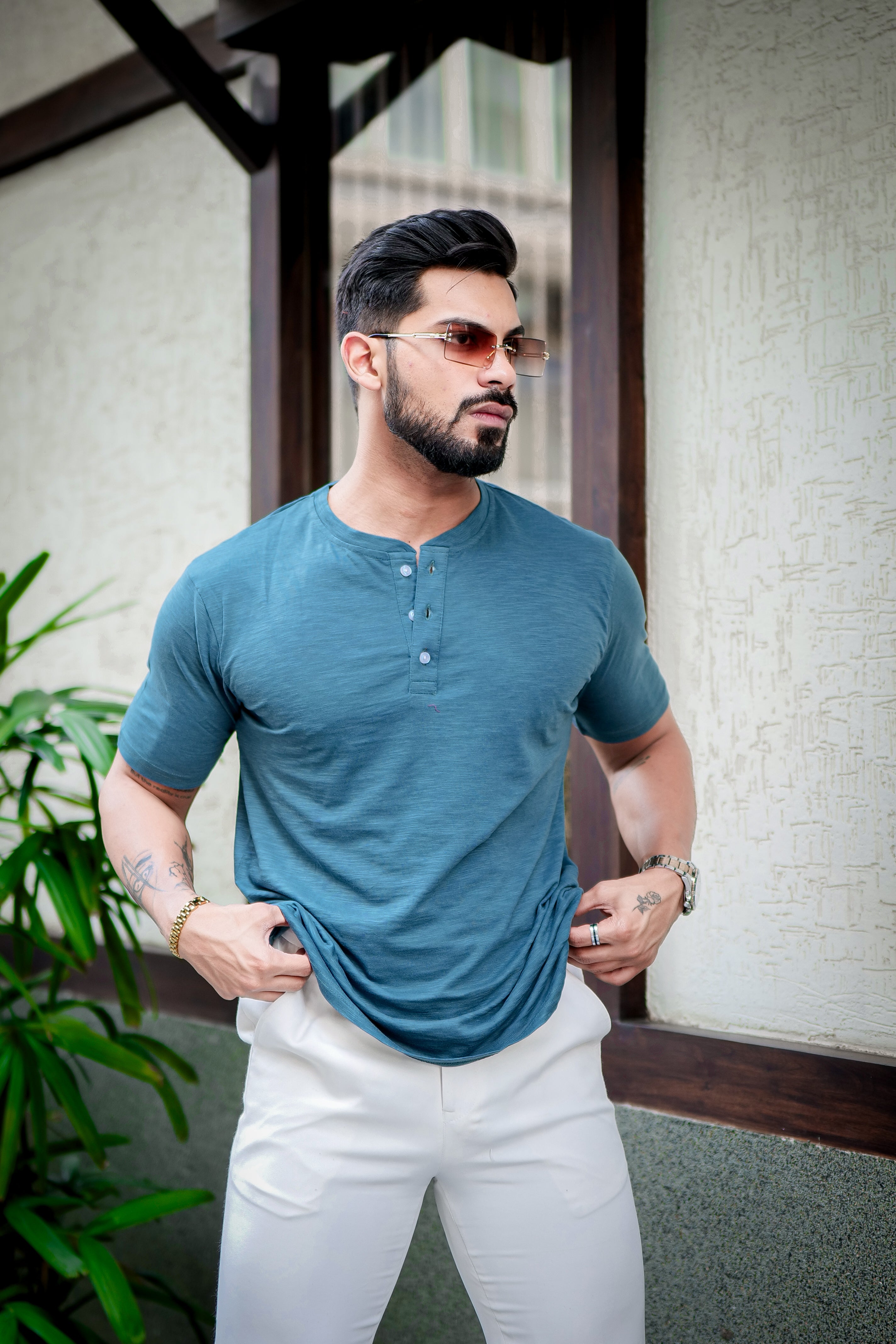 Green Henley Self Design T-Shirt