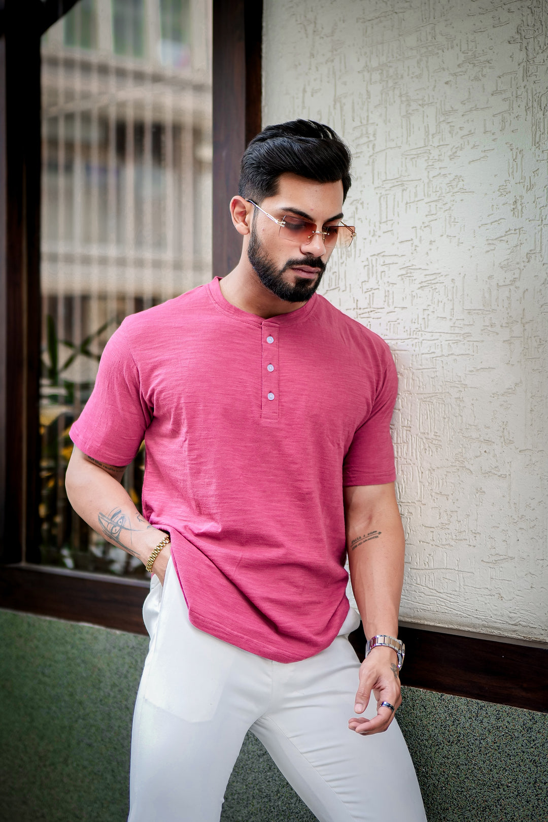 Wine Self Design Slub Henley T-Shirt