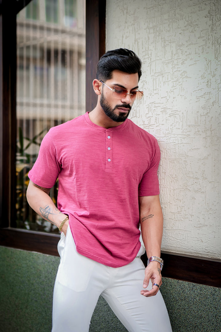 Wine Self Design Slub Henley T-Shirt