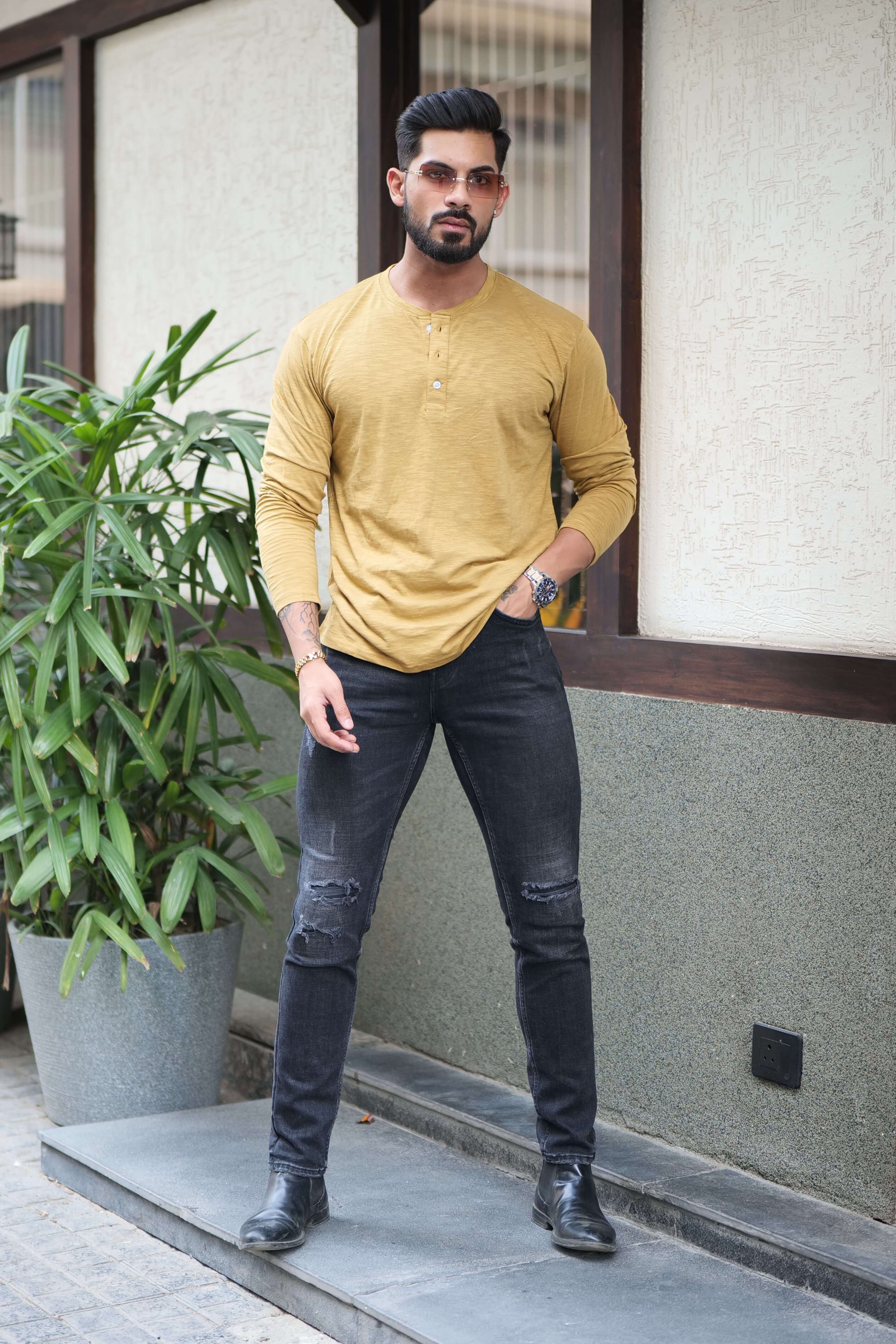 Mustard Self Design Slub Henley T-Shirt