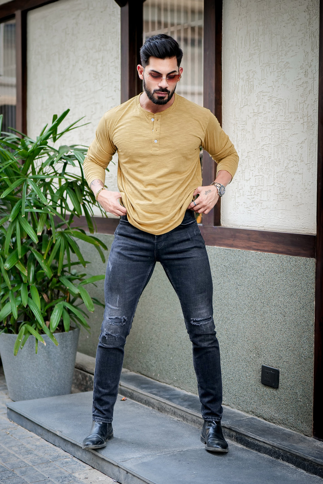 Mustard Self Design Slub Henley T-Shirt