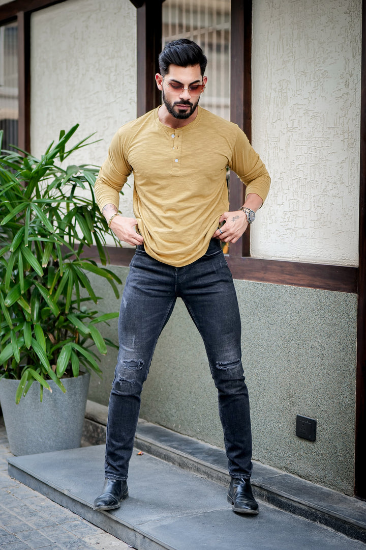 Mustard Self Design Slub Henley T-Shirt