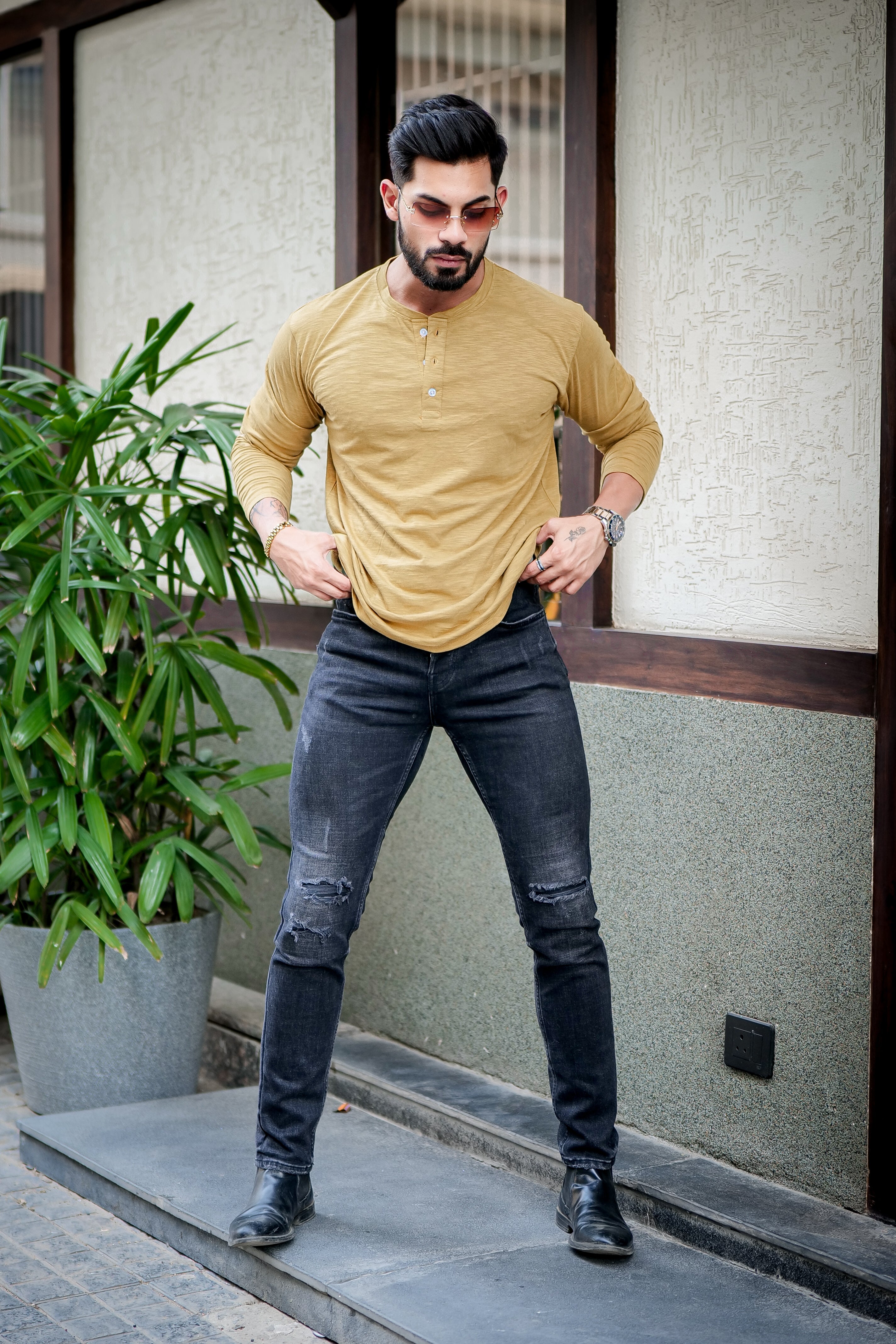 Mustard Self Design Henley T-Shirt
