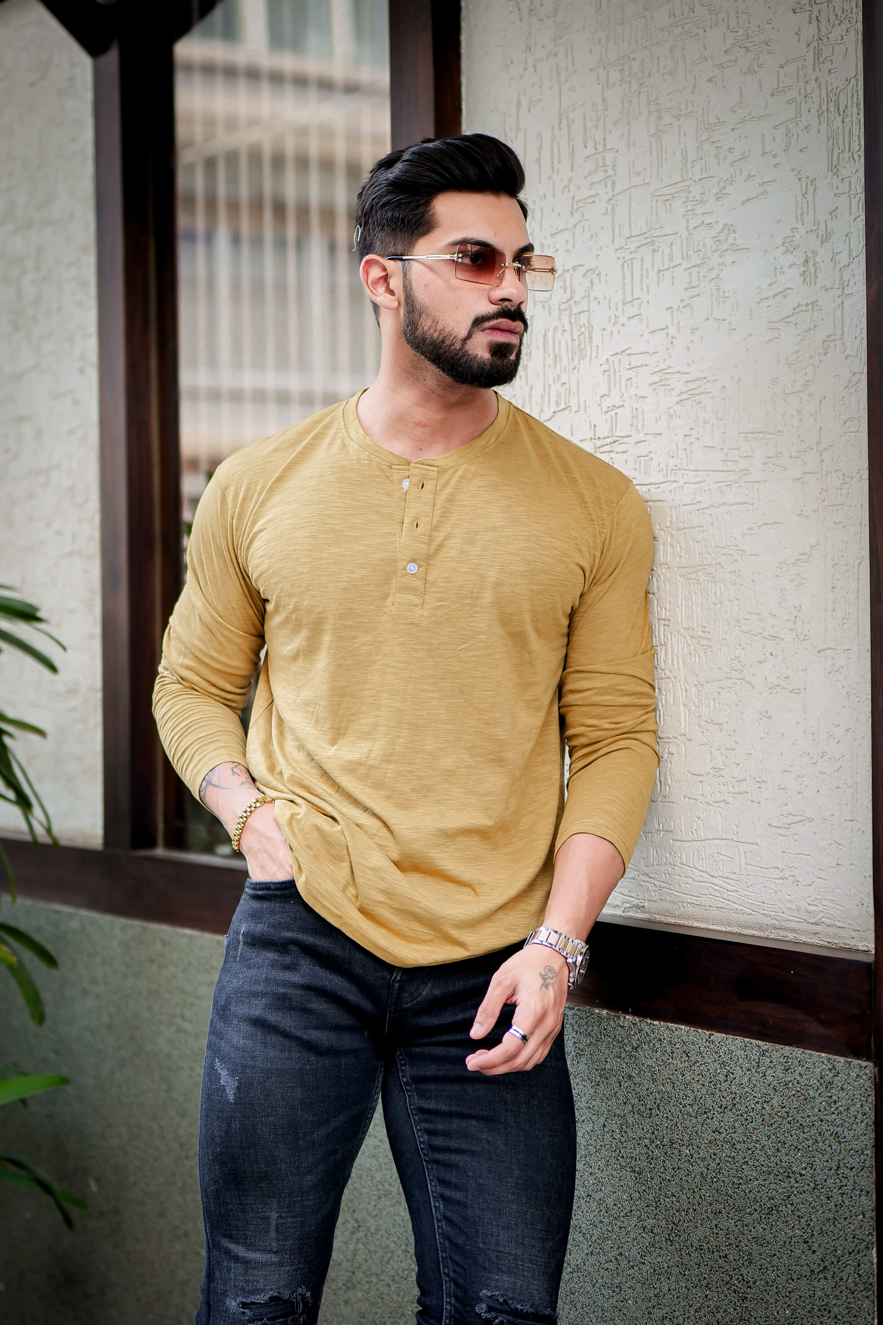 Mustard Self Design Slub Henley T-Shirt