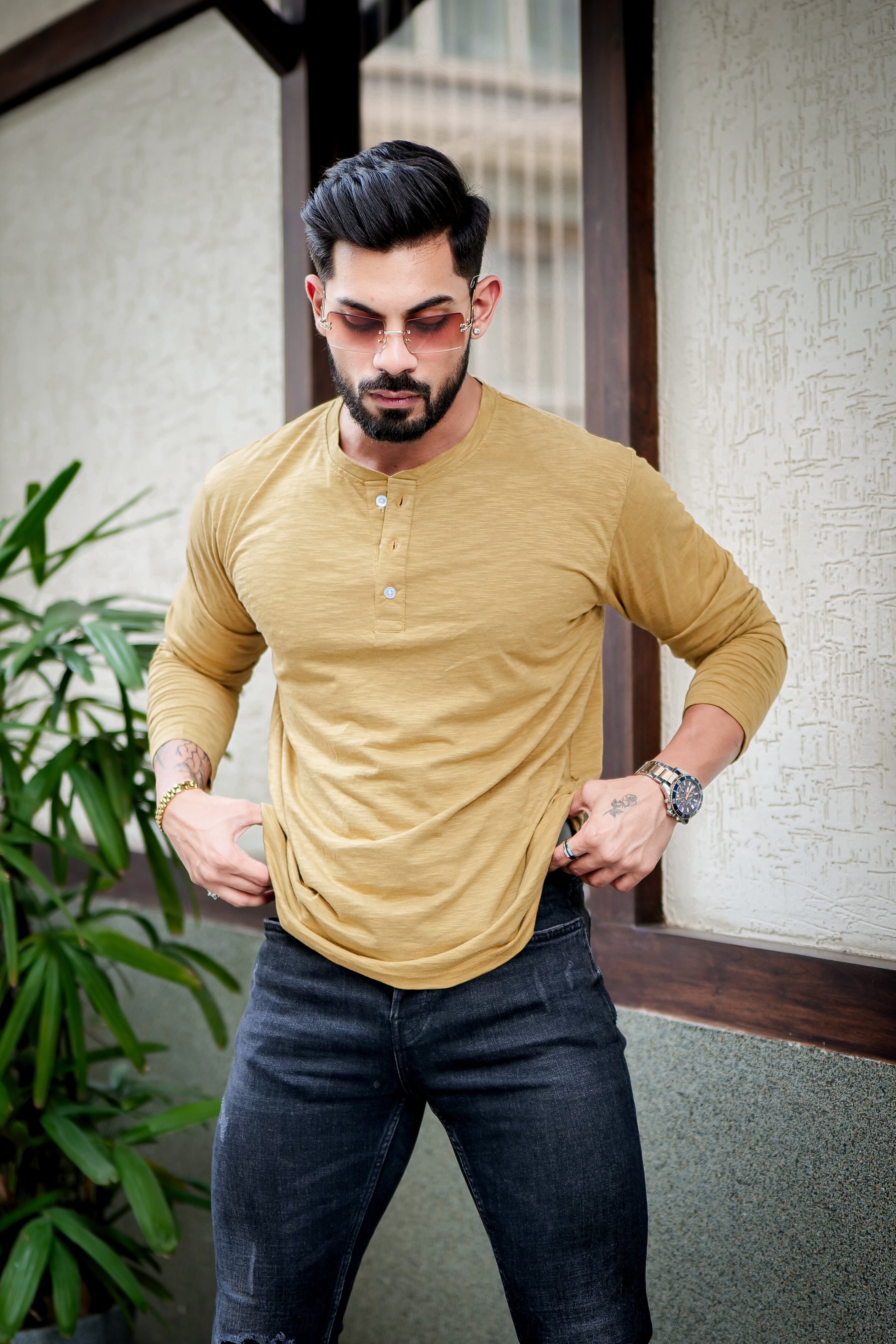 Mustard Self Design Henley T-Shirt