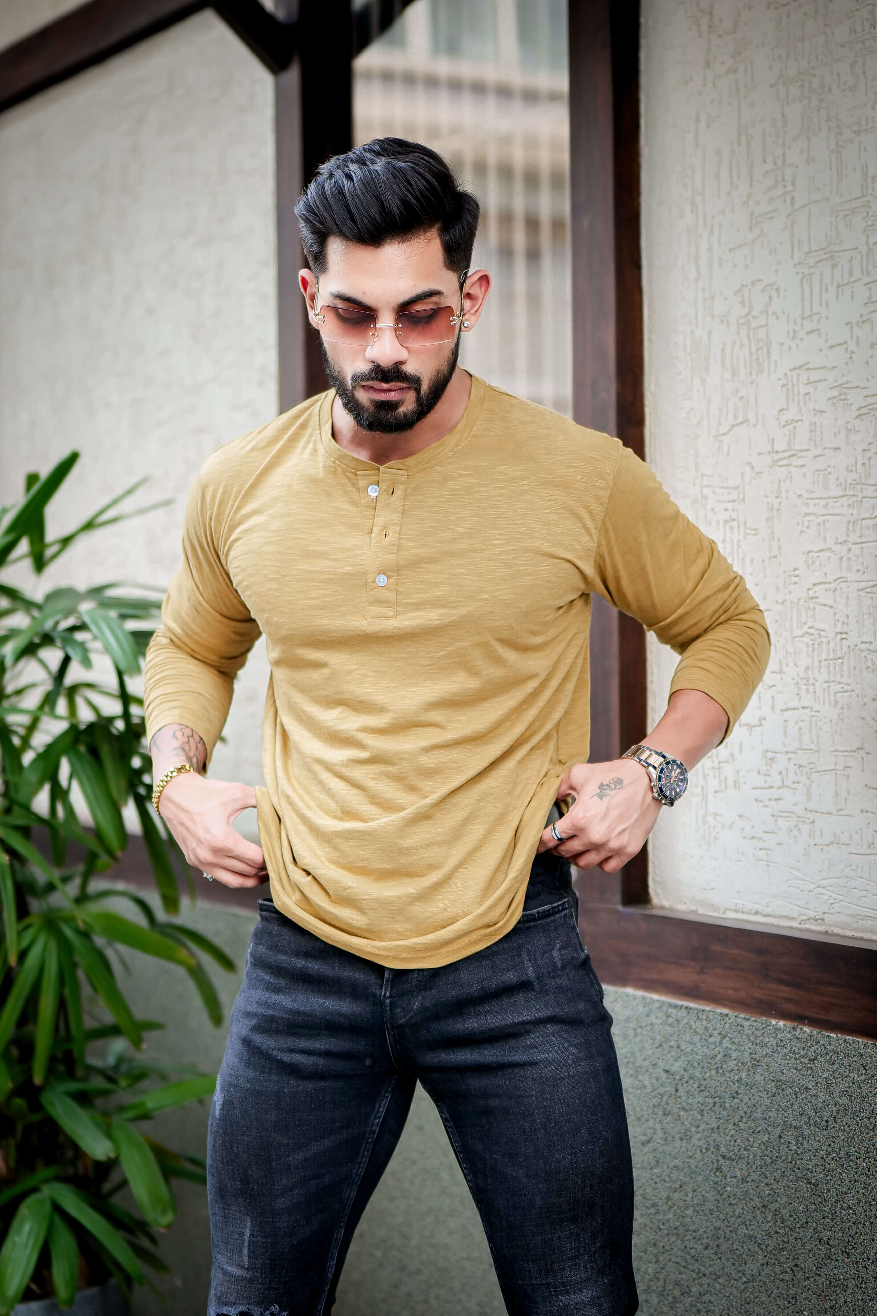Mustard Self Design Slub Henley T-Shirt
