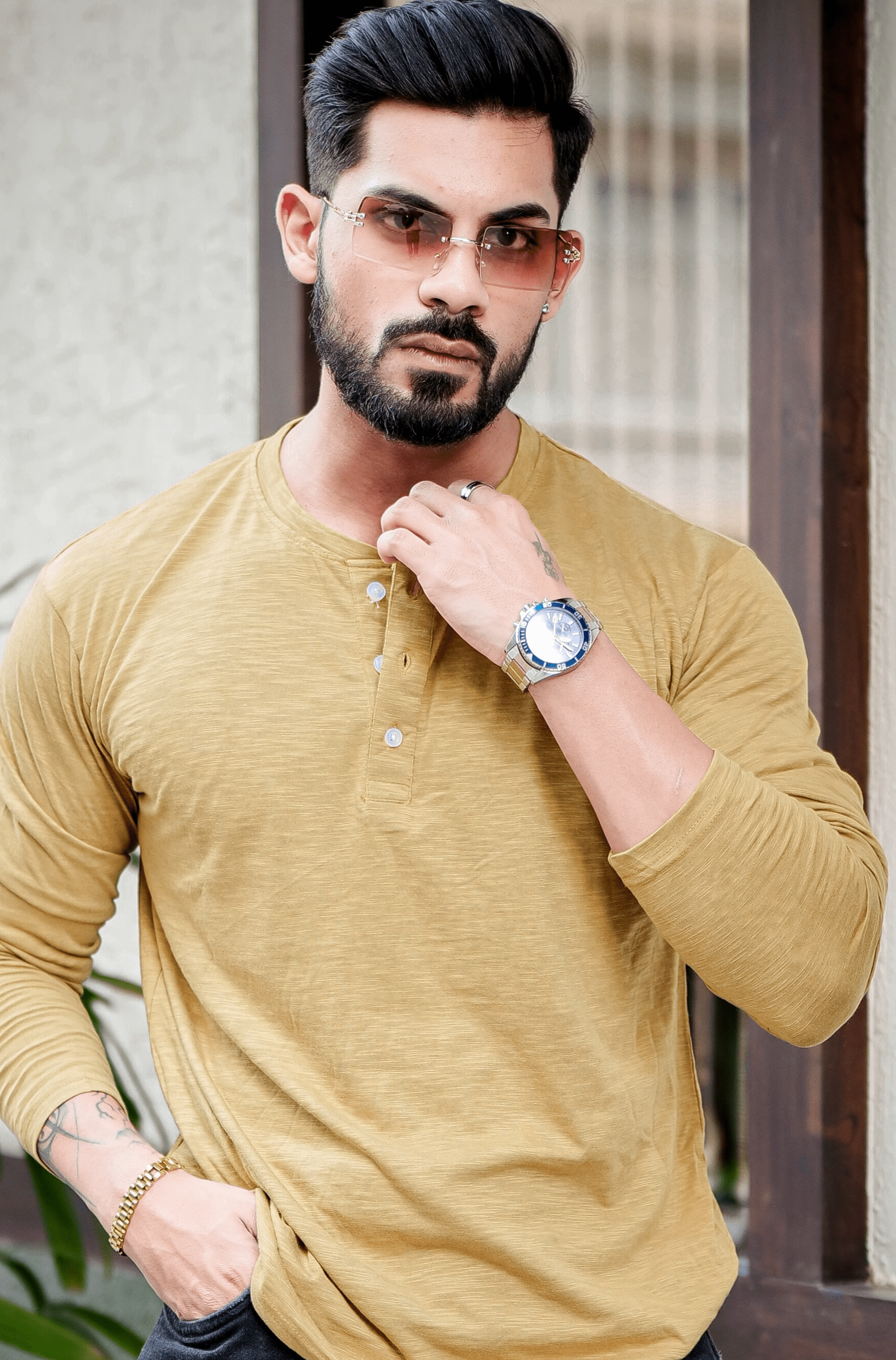 Mustard Self Design Slub Henley T-Shirt
