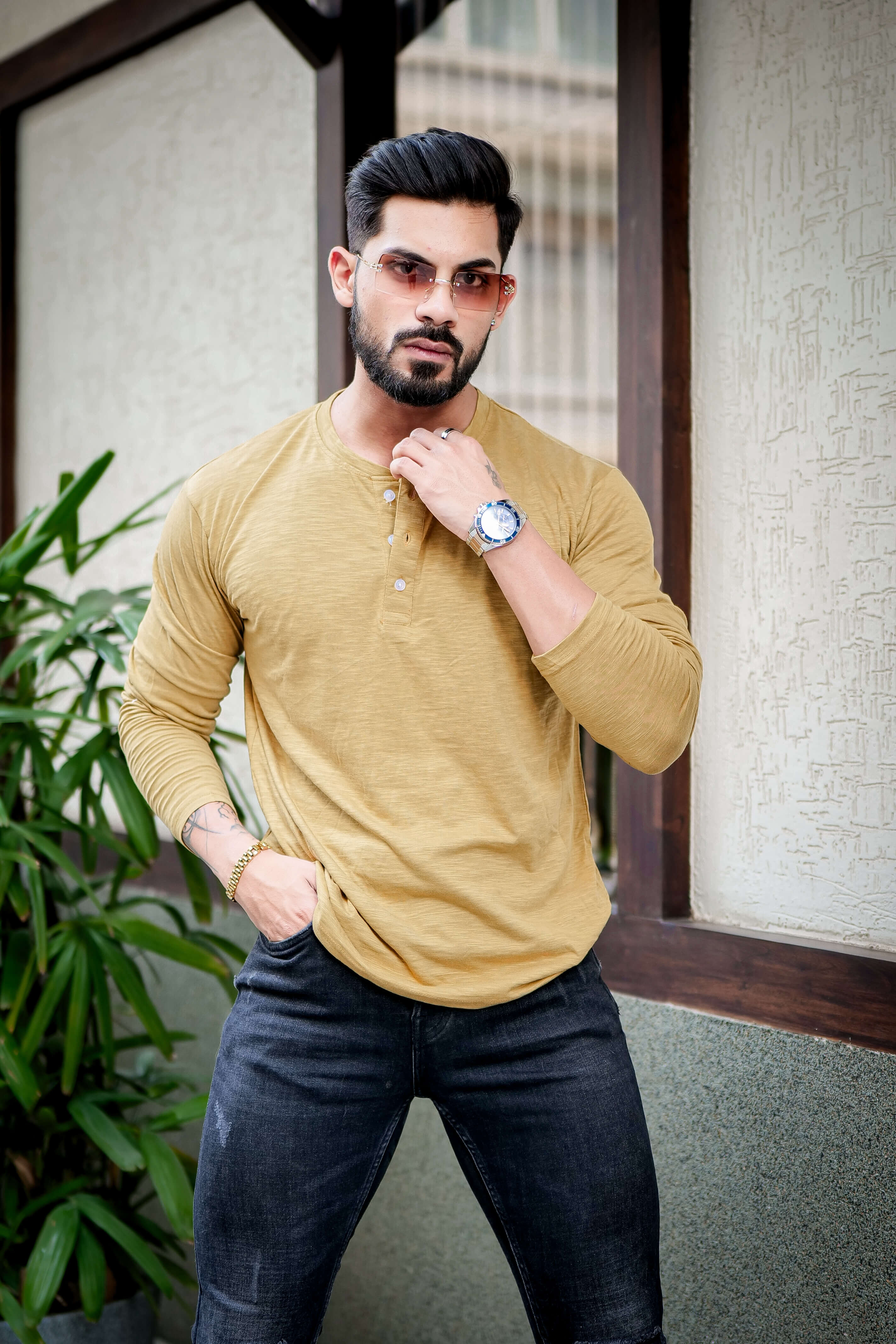 Mustard Self Design Slub Henley T-Shirt