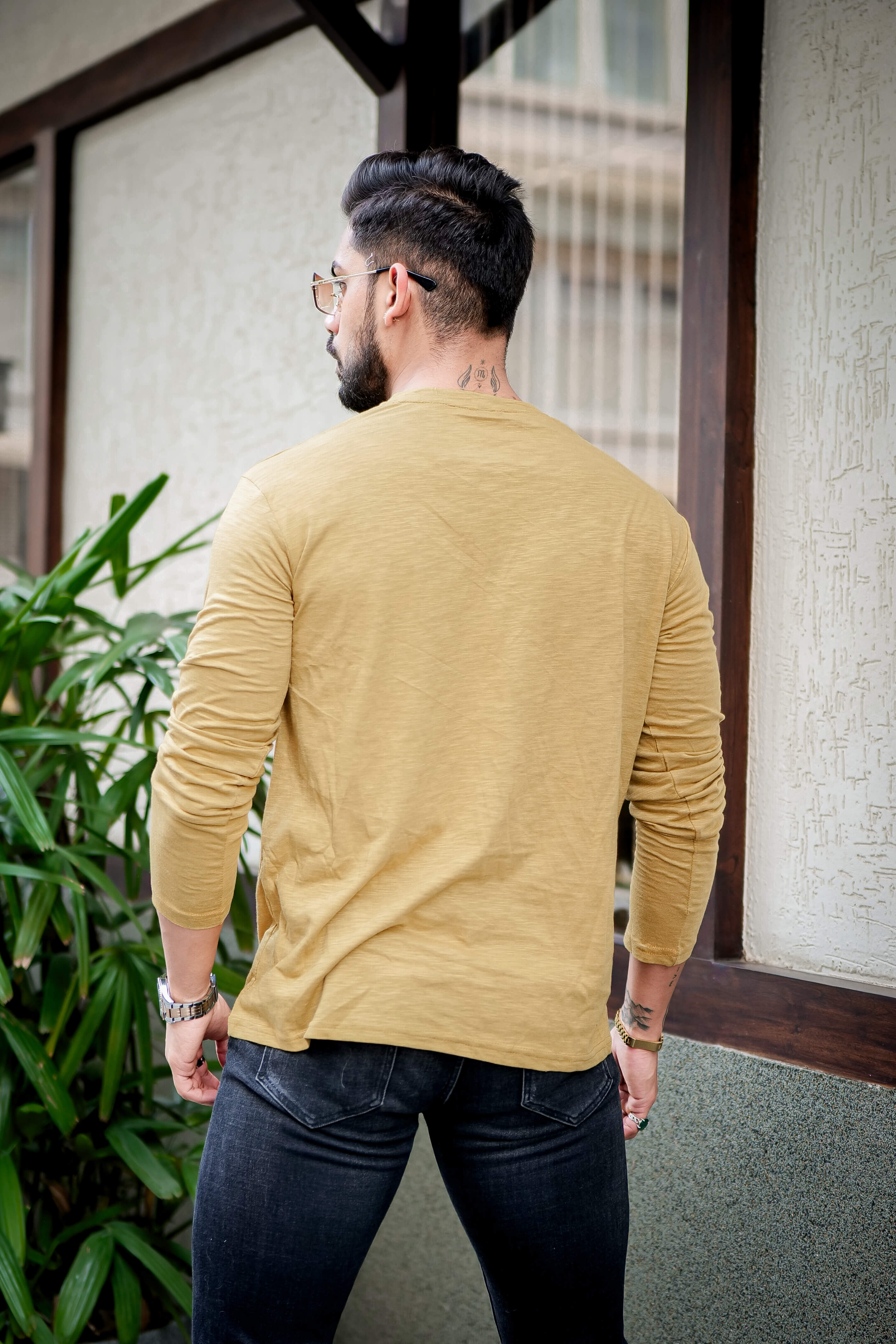 Mustard Self Design Slub Henley T-Shirt