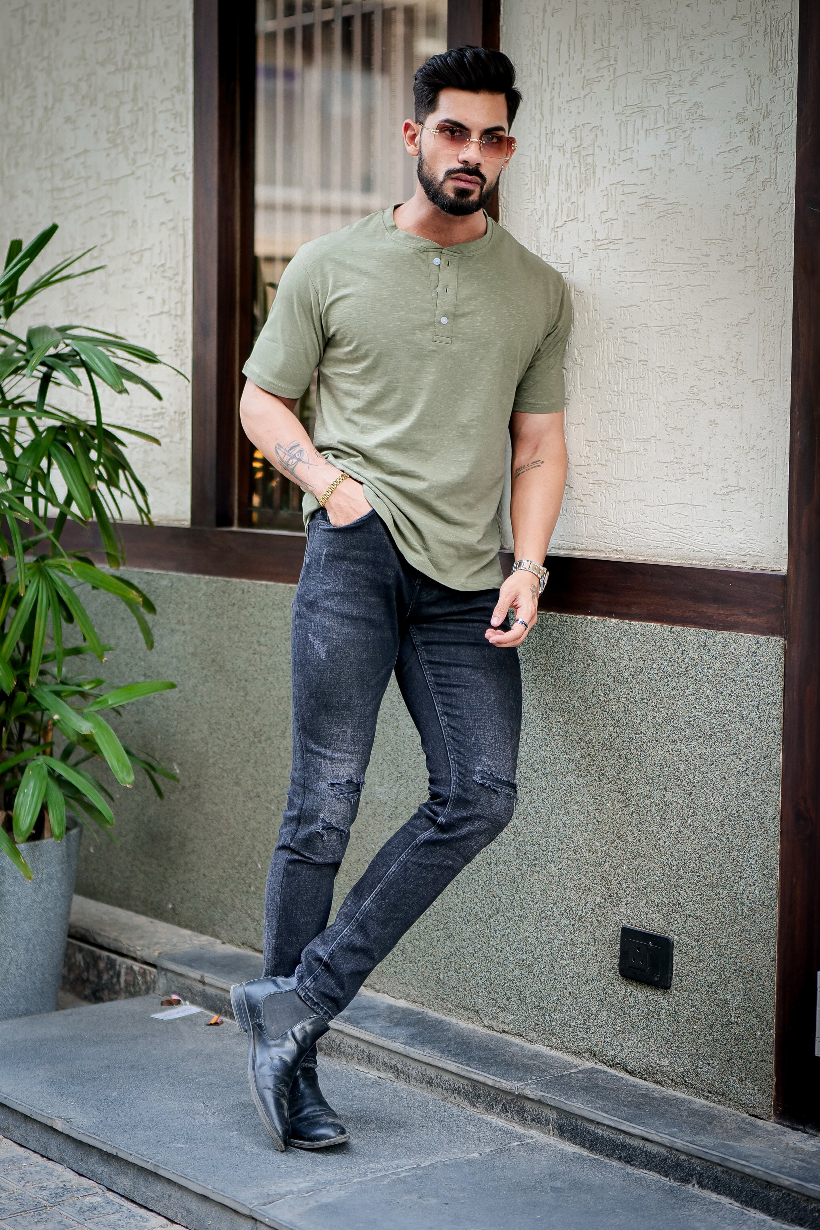 Moss Green Self Design Slub Henley T-Shirt