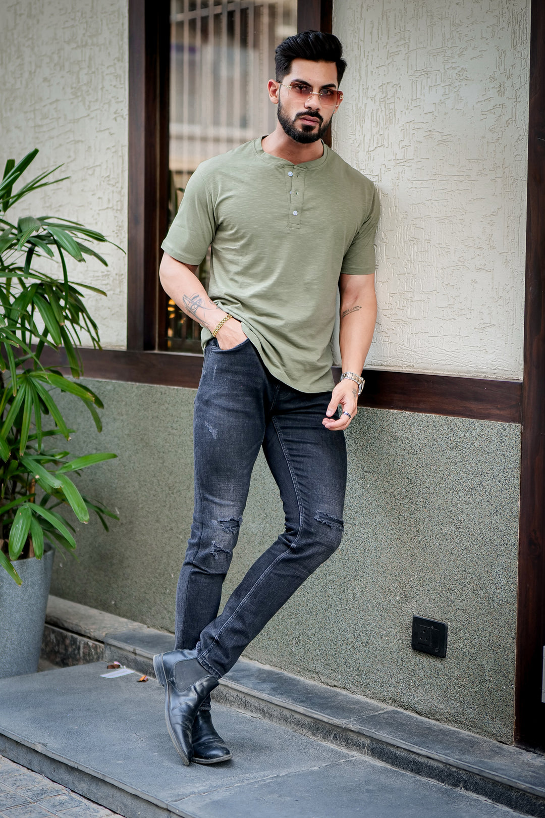 Moss Green Self Design Slub Henley T-Shirt