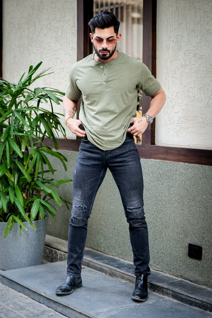 Moss Green Self Design Slub Henley T-Shirt