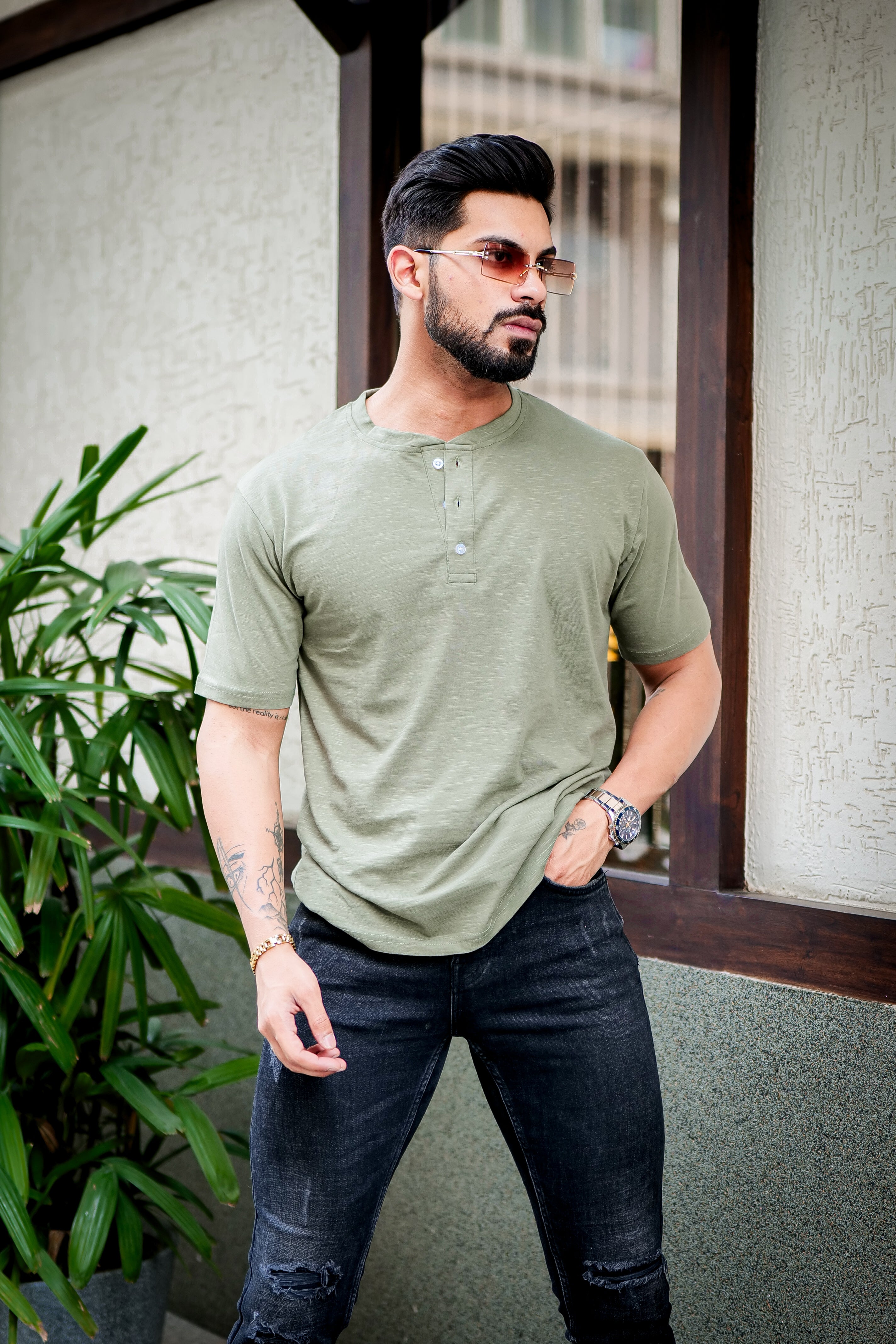 Moss Green Self Design Slub Henley T-Shirt