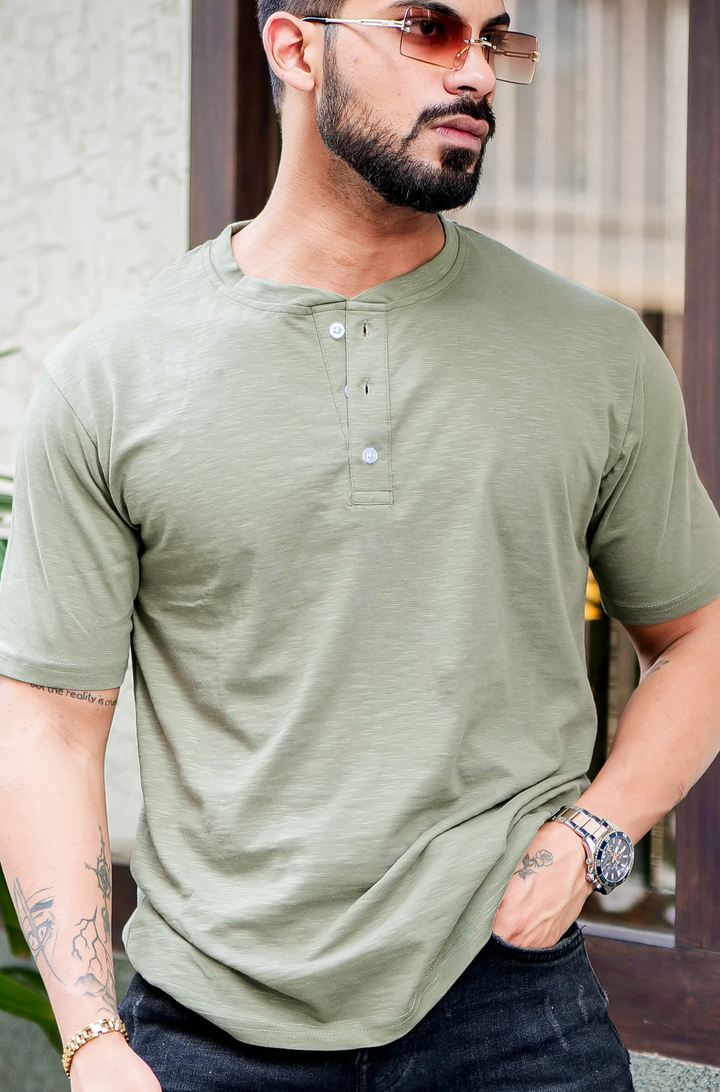 Moss Green Self Design Slub Henley T-Shirt