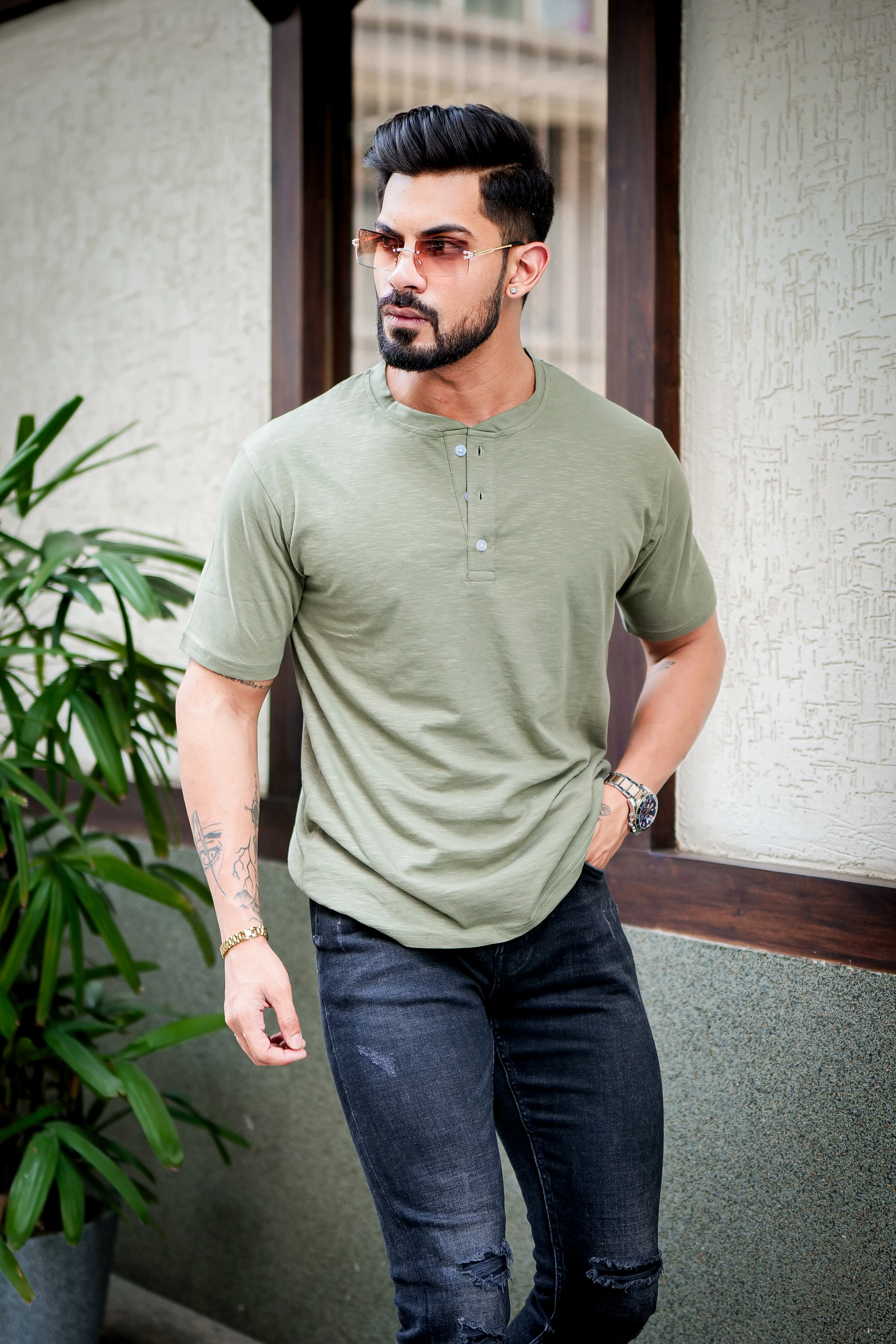 Moss Green Self Design Slub Henley T-Shirt