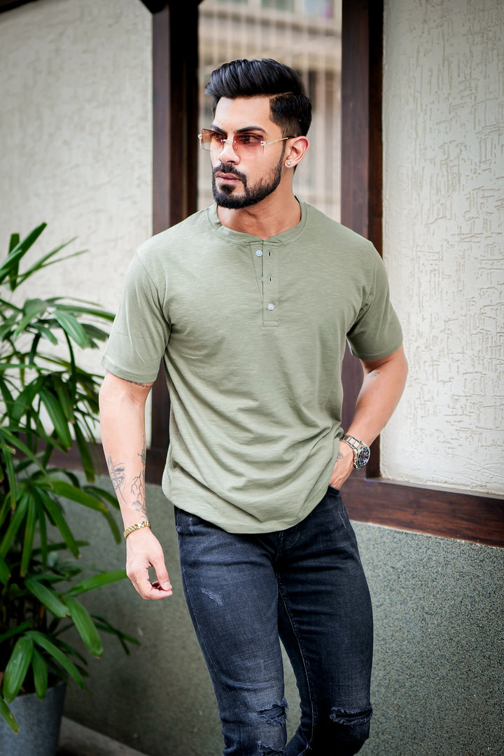 Moss Green Self Design Slub Henley T-Shirt