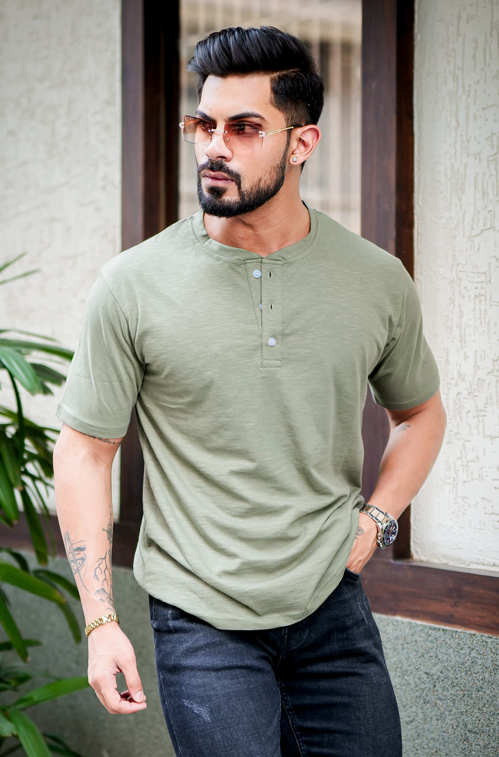 Moss Green Self Design Slub Henley T-Shirt