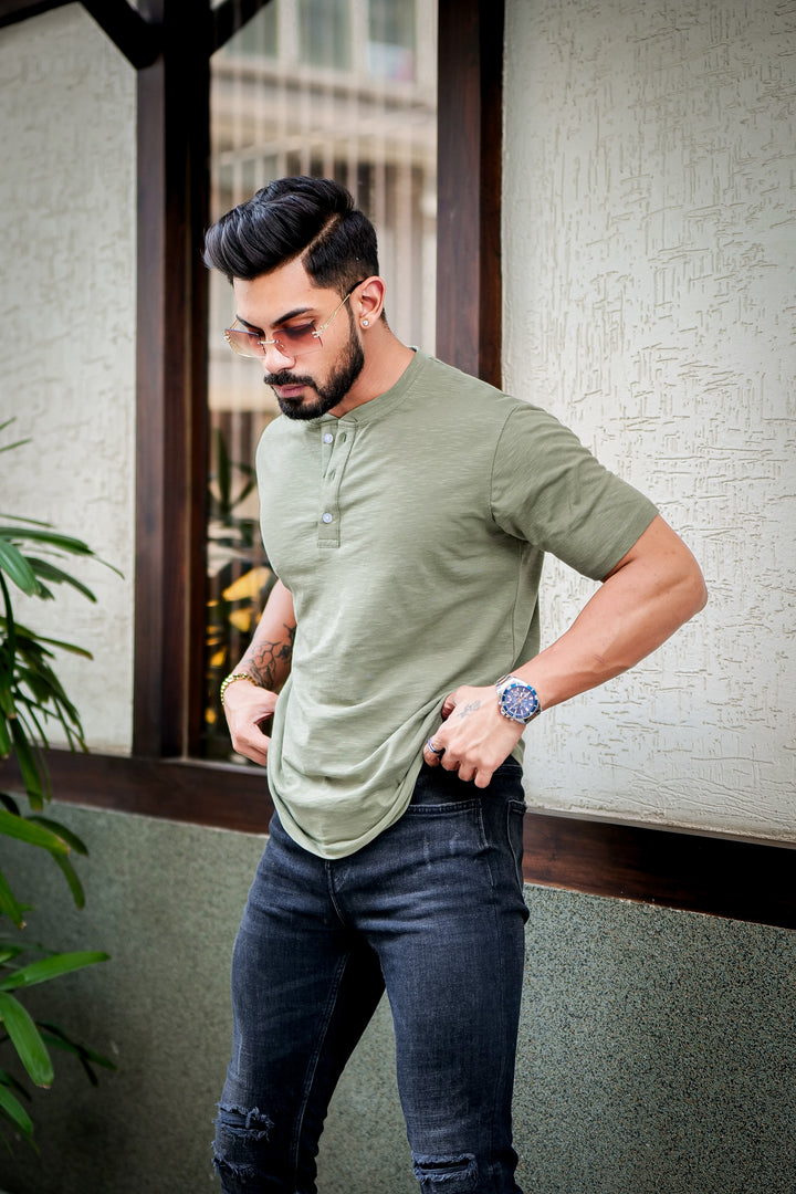Moss Green Self Design Slub Henley T-Shirt