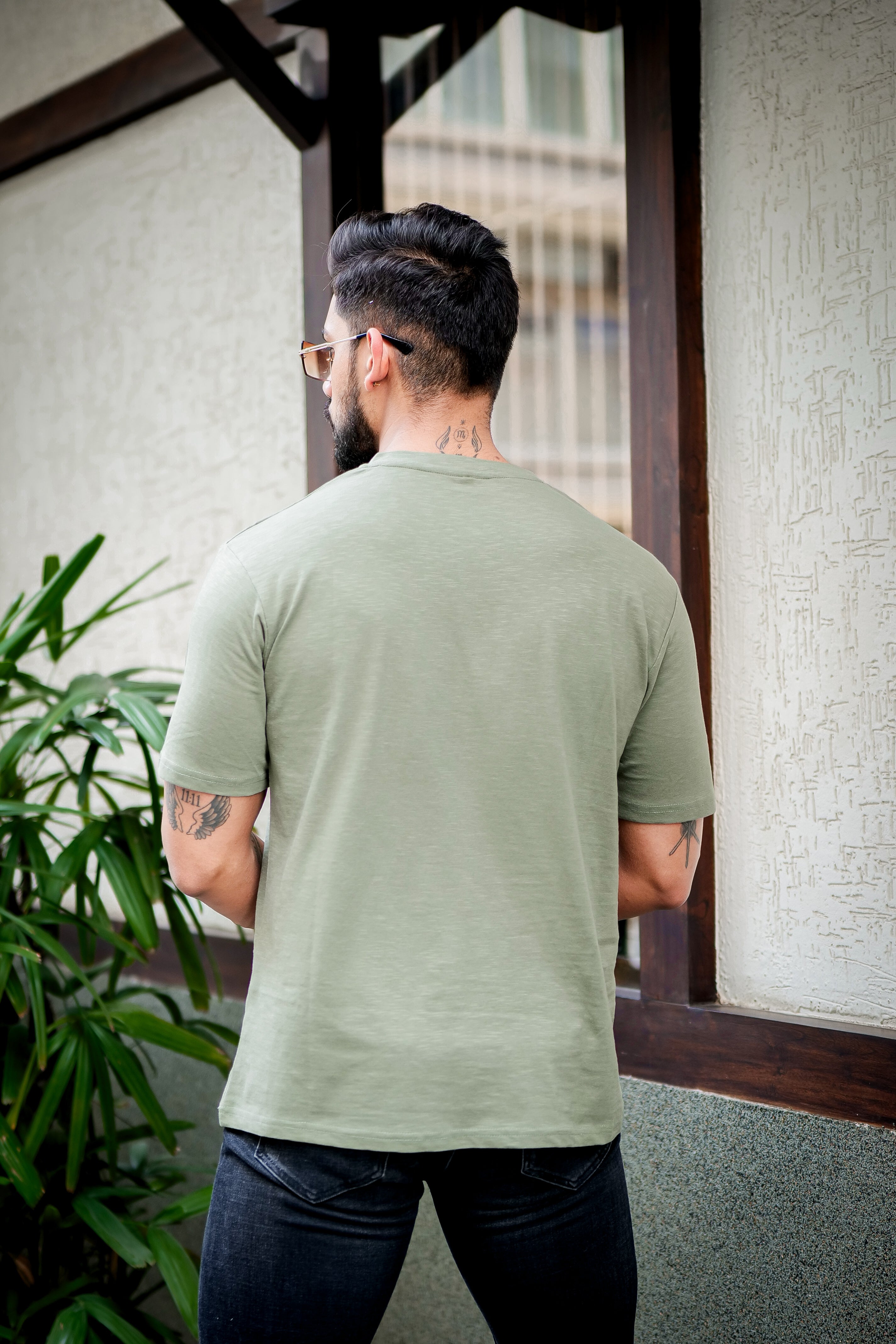 Moss Green Self Design Slub Henley T-Shirt