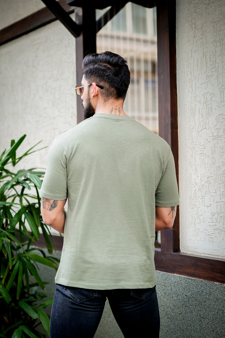 Moss Green Self Design Slub Henley T-Shirt