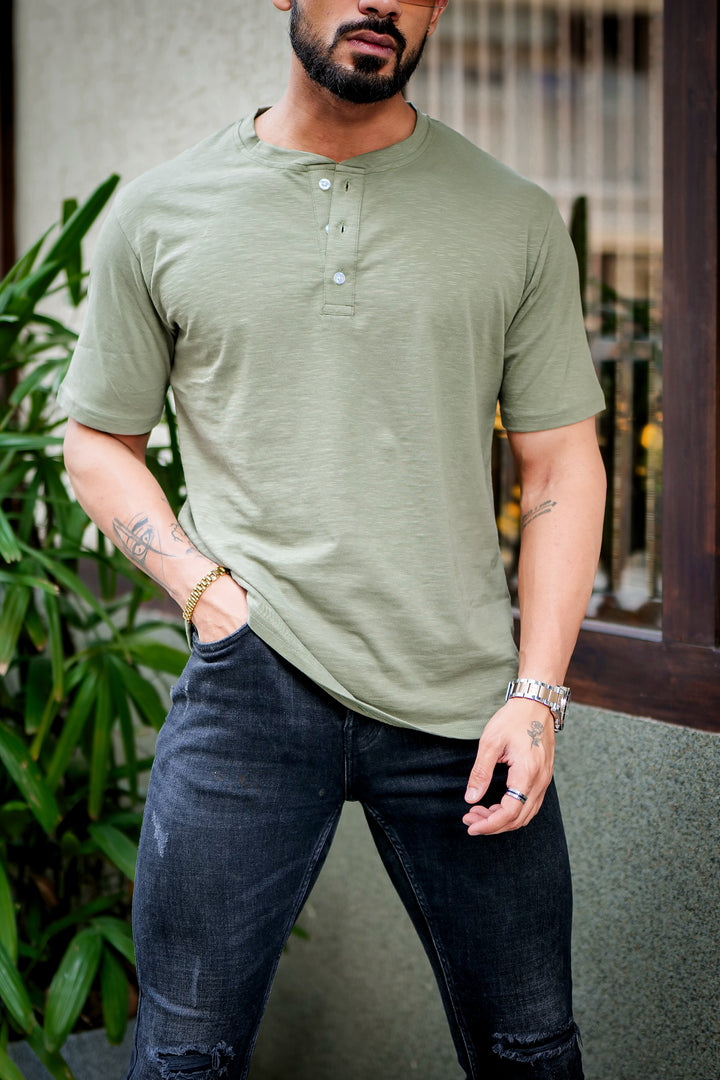 Moss Green Self Design Slub Henley T-Shirt