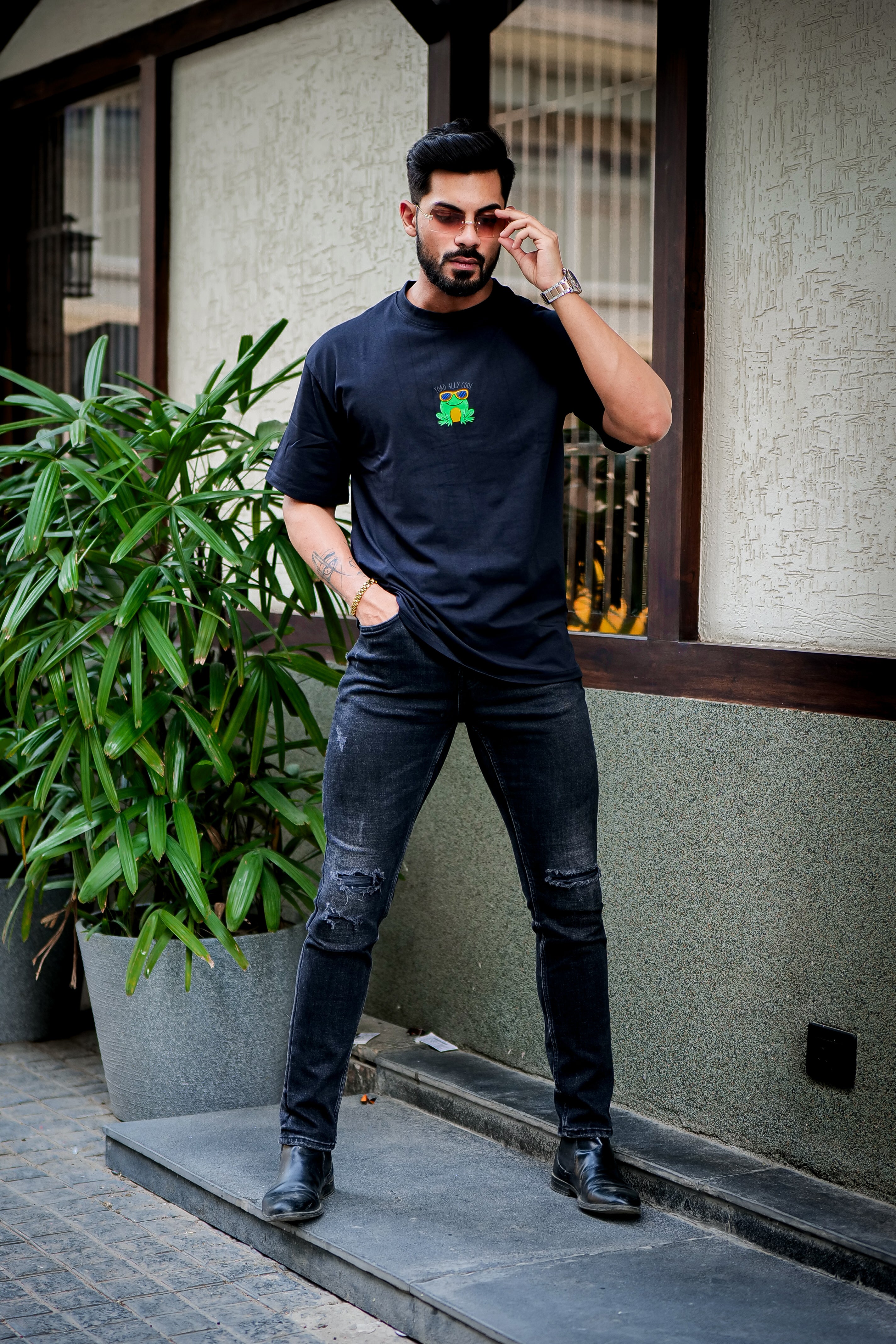Black Oversized Graphic Print Cotton Lycra T-Shirt