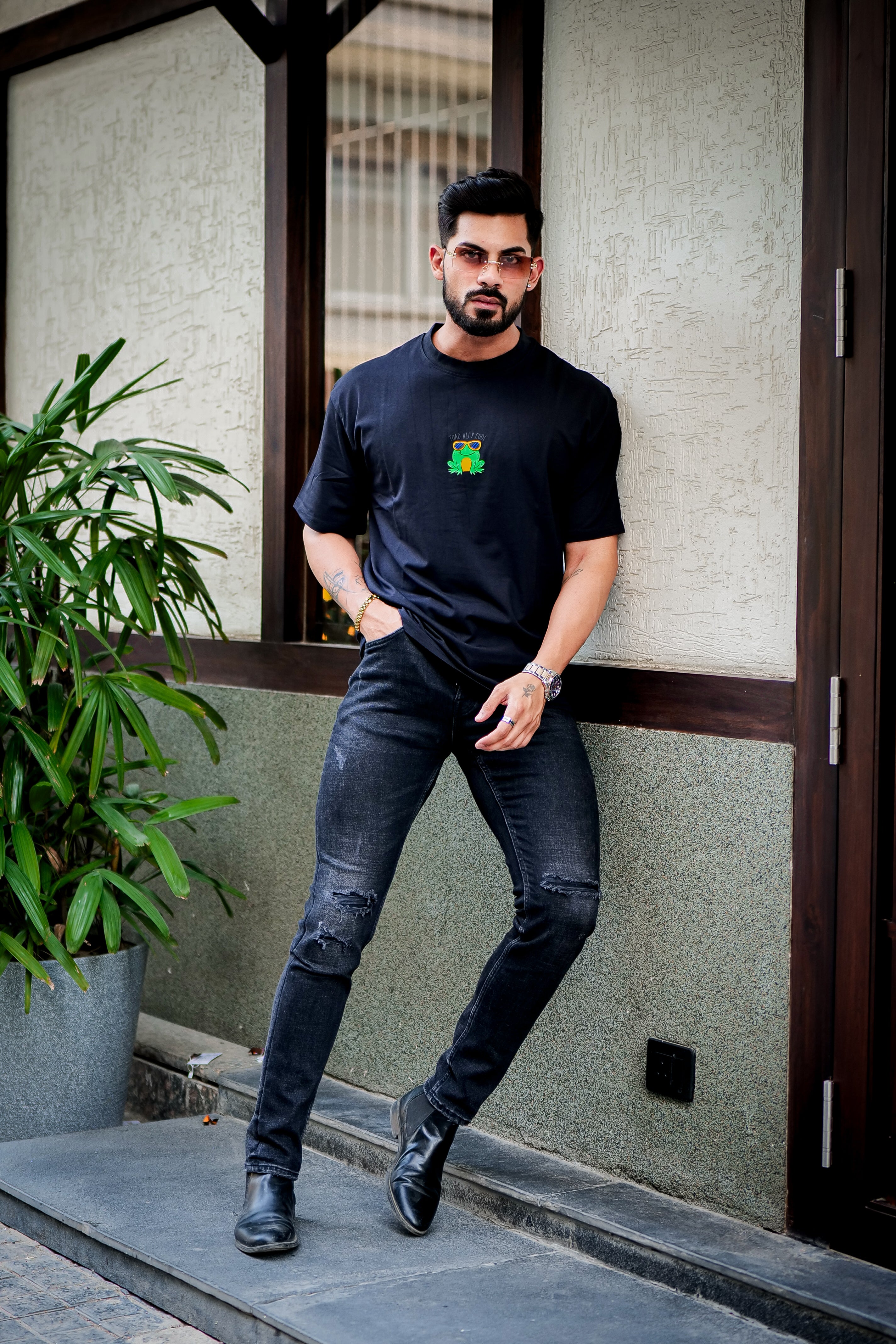 Black Oversized Graphic Print Cotton Lycra T-Shirt