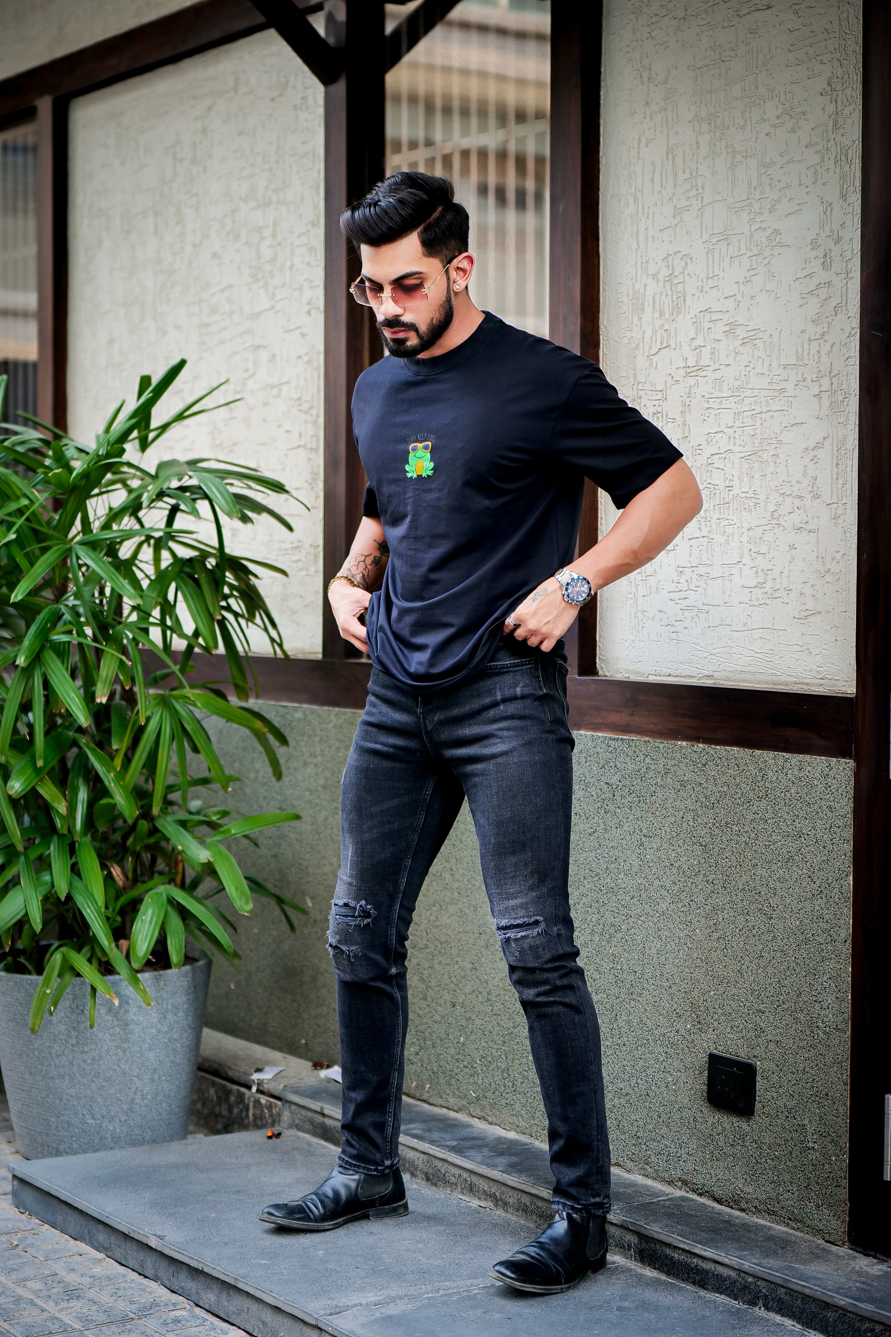 Black Oversized Graphic Print Cotton Lycra T-Shirt