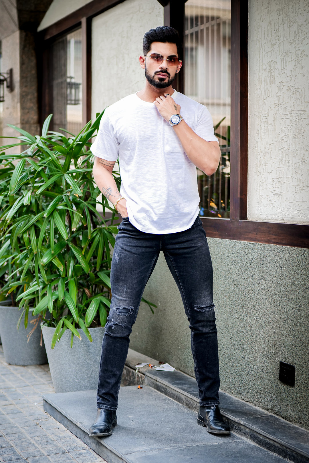 White Self Design Cotton Slub T-Shirt
